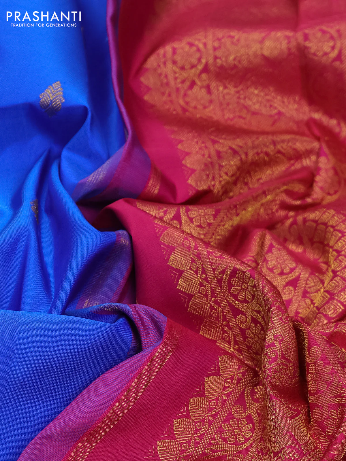Pure kanchipuram silk saree royal blue and dark pink with zari woven buttas and zari woven korvai border - Image 3