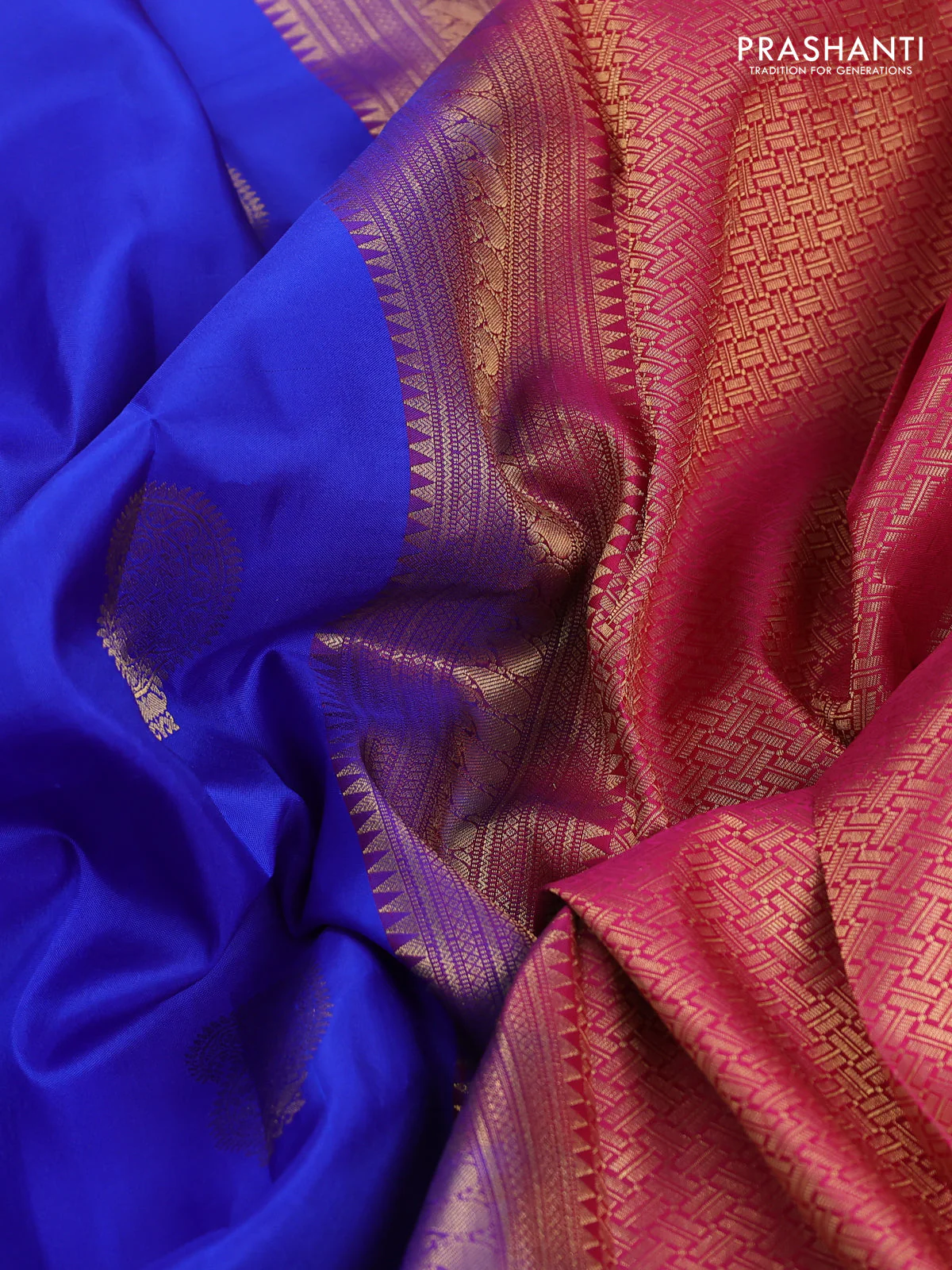 Pure kanchipuram silk saree royal blue and pink with paisley zari woven buttas and zari woven korvai border - Image 3