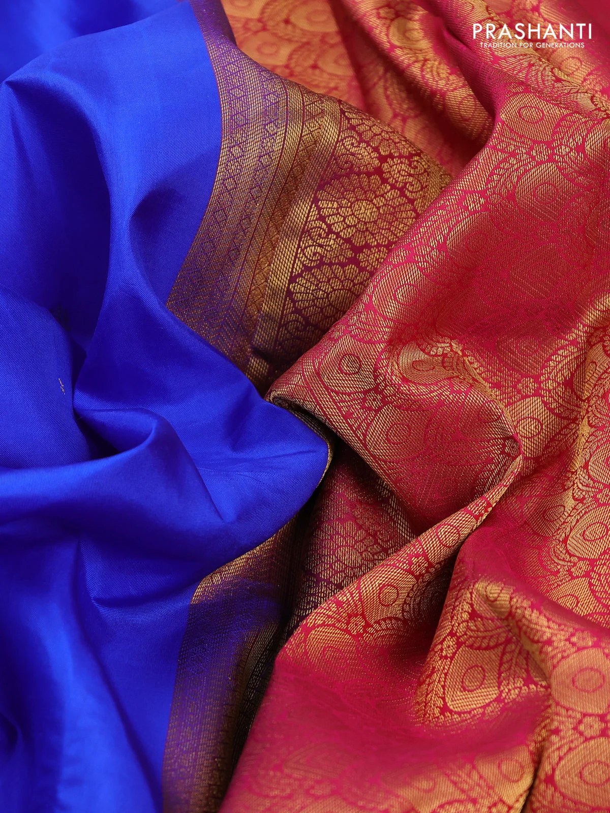 Pure kanchipuram silk saree royal blue and pink with zari woven buttas and rich zari woven korvai border - Image 3