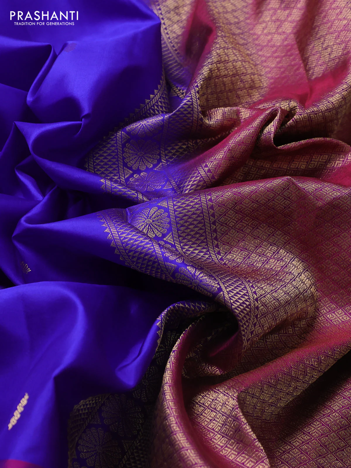 Pure kanchipuram silk saree royal blue and purple with zari woven buttas and temple zari woven border - Image 3