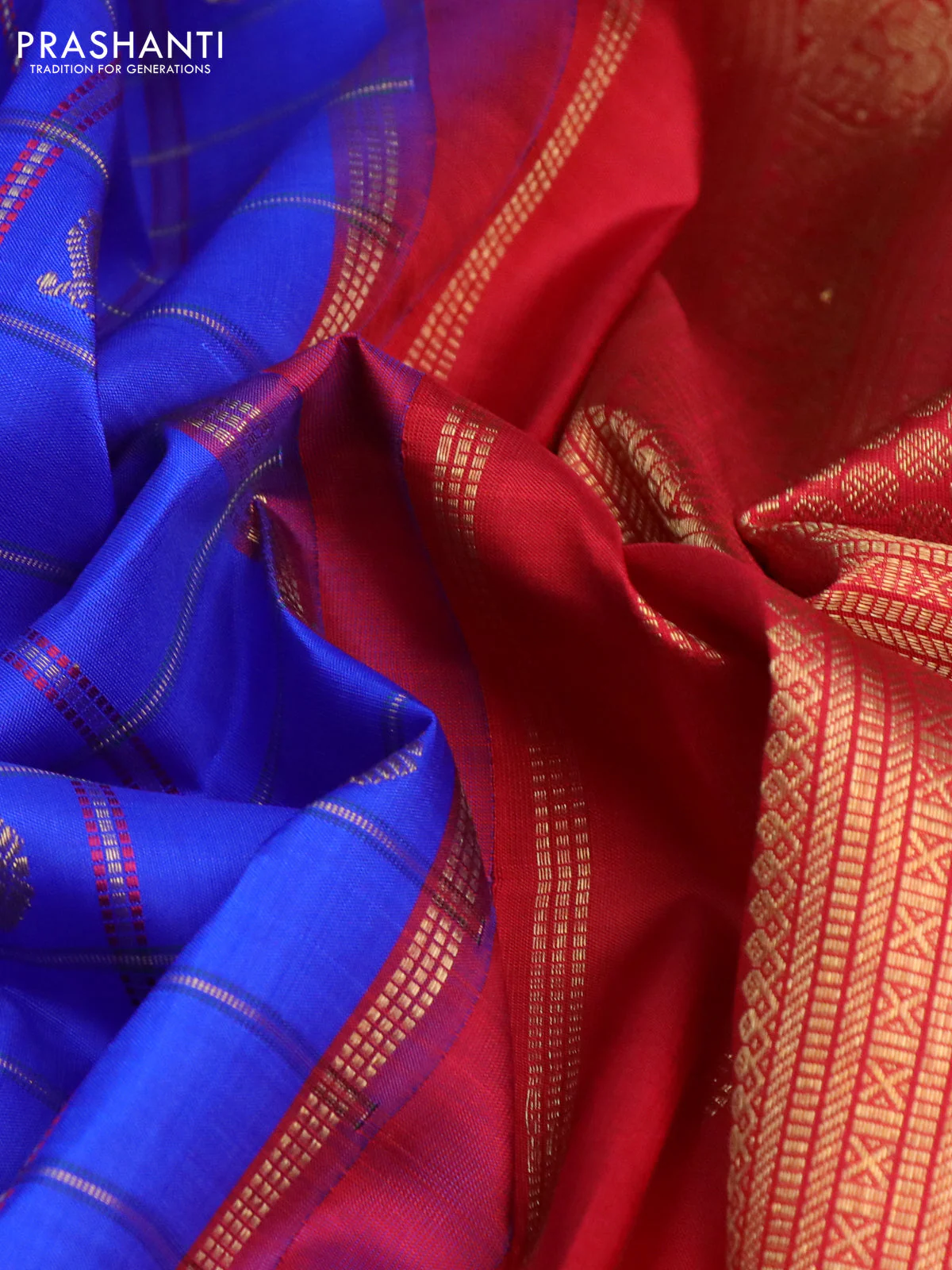 Pure kanchipuram silk saree royal blue with allover zari checks & buttas and ganga jamuna border - Image 3