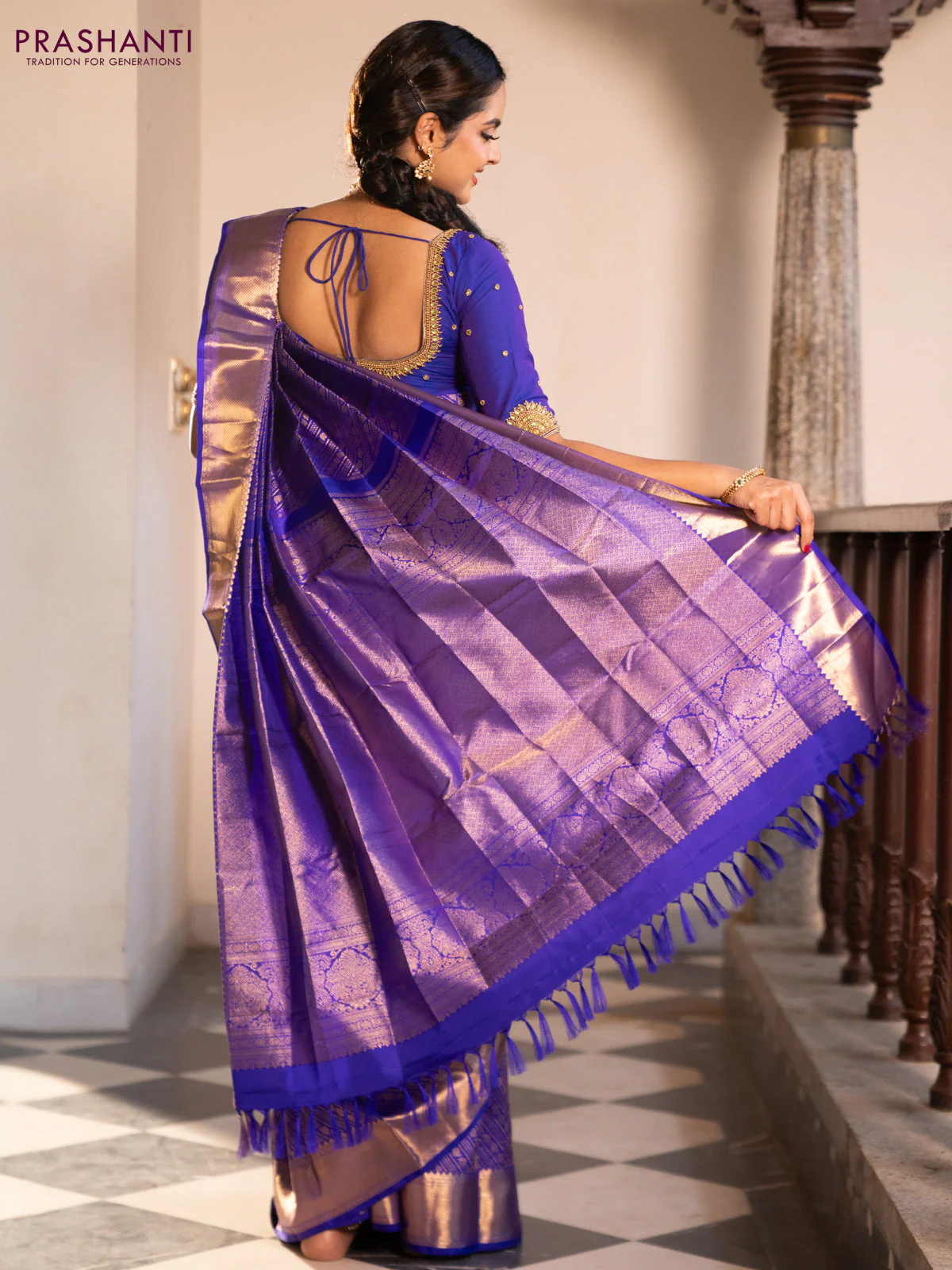 Pure kanchipuram silk saree royal blue with allover zari woven brocade weaves and zari woven border - Image 7