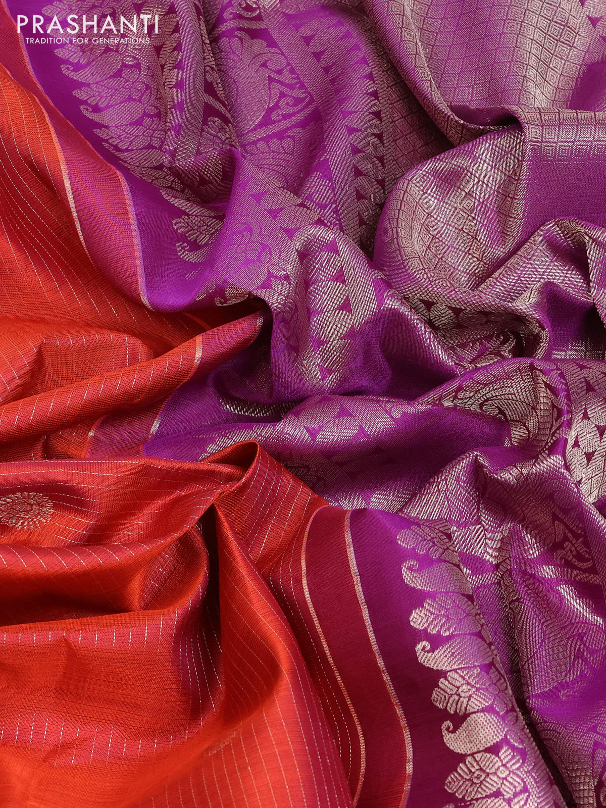 Pure kanchipuram silk saree rust ahade and purple with allover silver weaves & buttas and rettapet silver zari woven border - Image 3