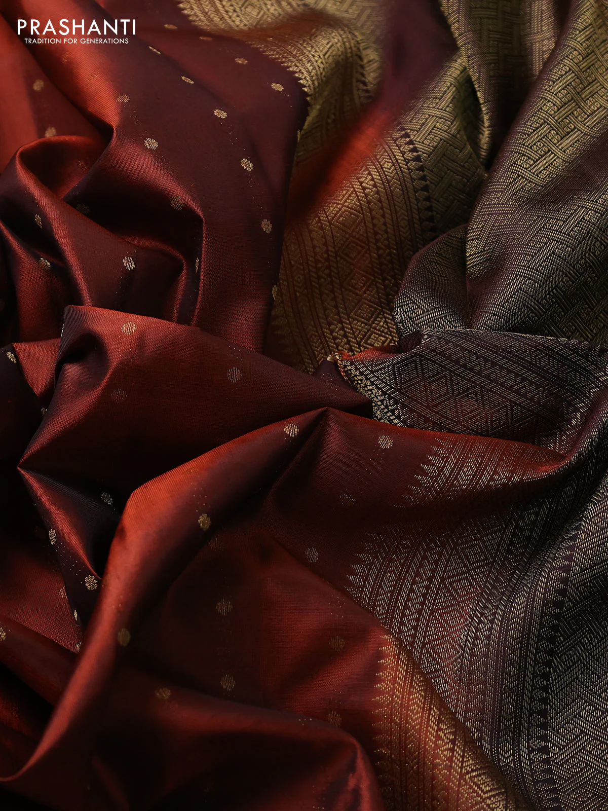 Pure kanchipuram silk saree rust shade and coffee brown with allover zari buttas and paisley zari woven border - Image 3