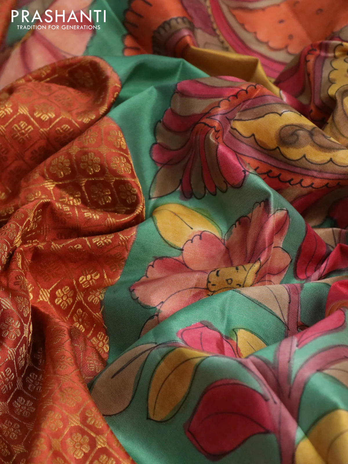 Pure kanchipuram silk saree rust shade and teal green with allover zari woven brocade weaves and kalamkari printed pallu & border - Image 3