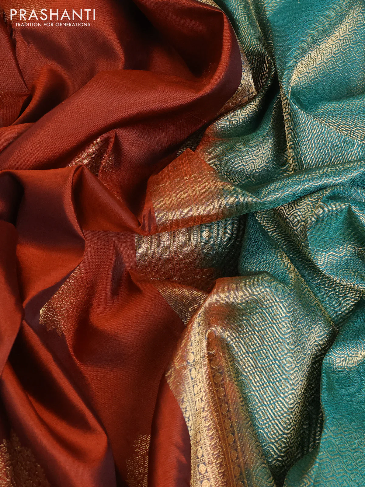 Pure kanchipuram silk saree rust shade and teal green with zari woven buttas and temple design woven border - Image 3
