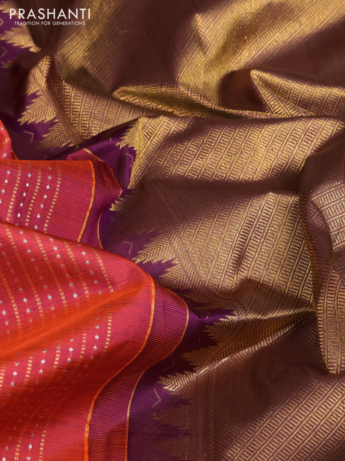Pure kanchipuram silk saree rustic orange and deep purple with allover zari woven brocade weaves and zari woven butta border - Image 3