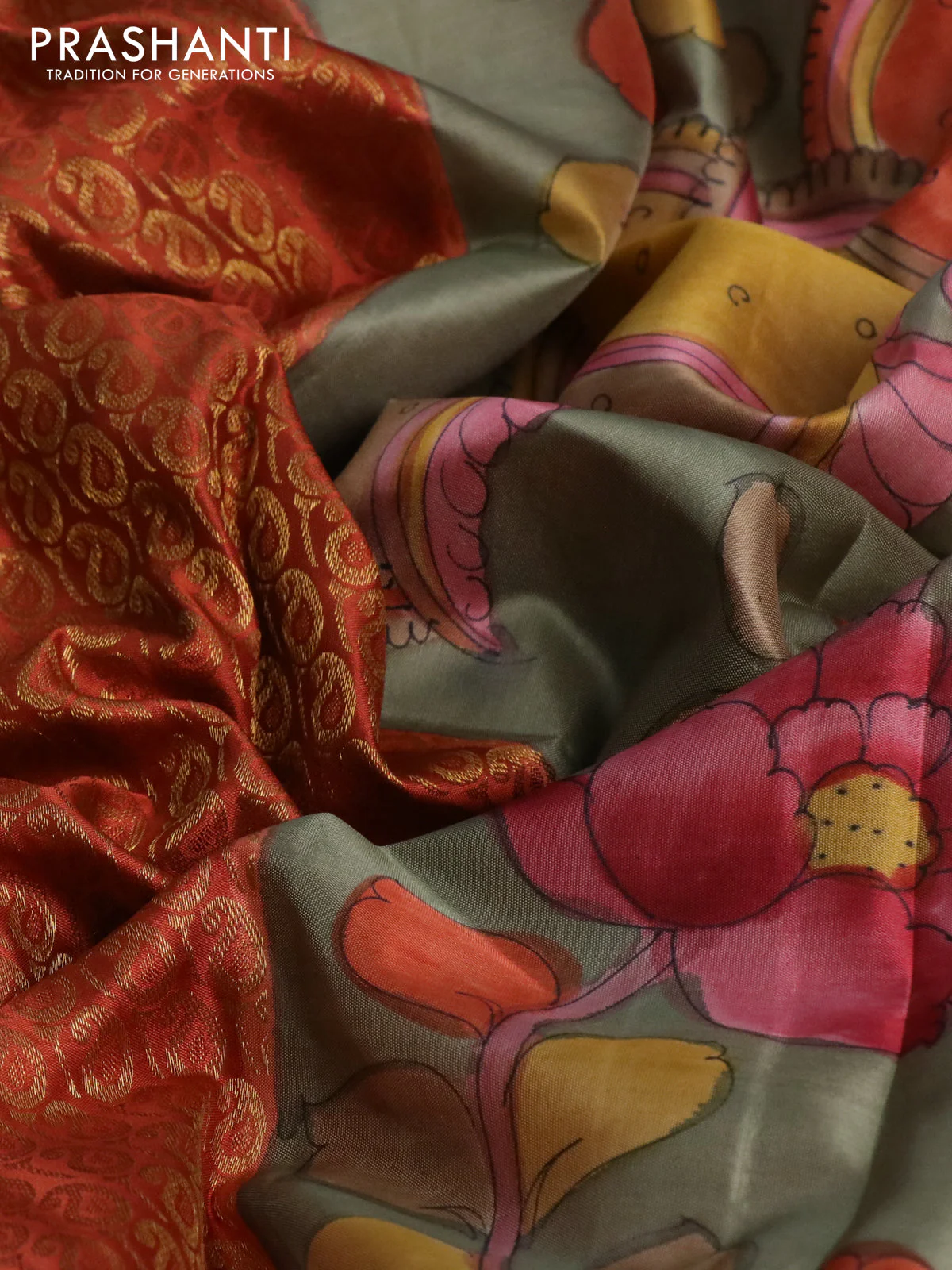 Pure kanchipuram silk saree rustic orange and grey shade with allover zari woven paisley brocade weaves and kalamkari printed pallu & border - Image 3