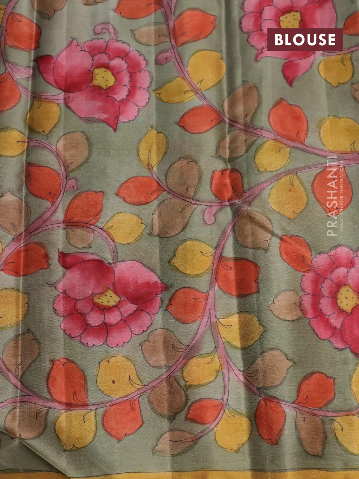 Pure kanchipuram silk saree rustic orange and grey shade with allover zari woven paisley brocade weaves and kalamkari printed pallu & border - Image 4