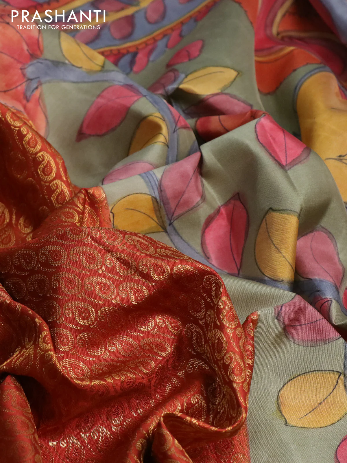 Pure kanchipuram silk saree rustic orange and grey shade with allover zari woven paisley brocade weaves and kalamkari printed pallu & border - Image 3