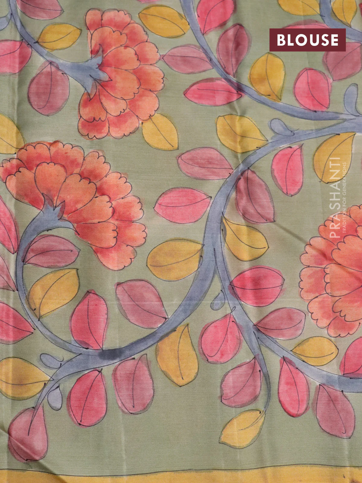 Pure kanchipuram silk saree rustic orange and grey shade with allover zari woven paisley brocade weaves and kalamkari printed pallu & border - Image 4