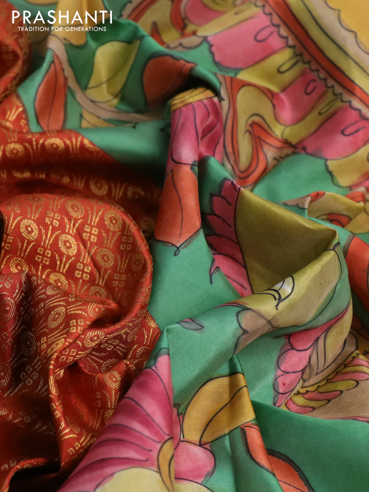 Pure kanchipuram silk saree rustic orange and teal blue shade with allover zari woven brocade weaves and kalamkari printed pallu & border - Image 3