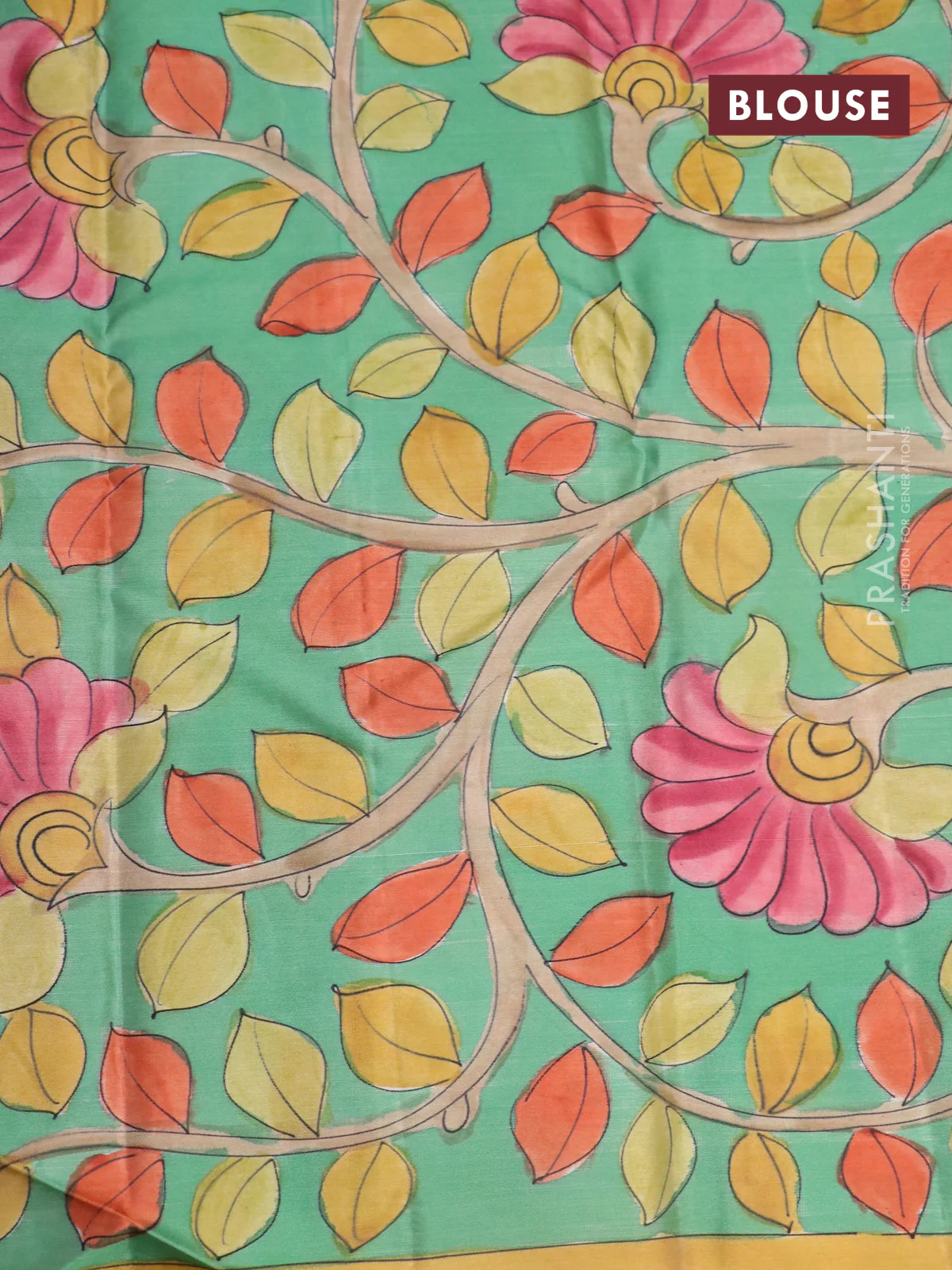Pure kanchipuram silk saree rustic orange and teal blue shade with allover zari woven brocade weaves and kalamkari printed pallu & border - Image 4