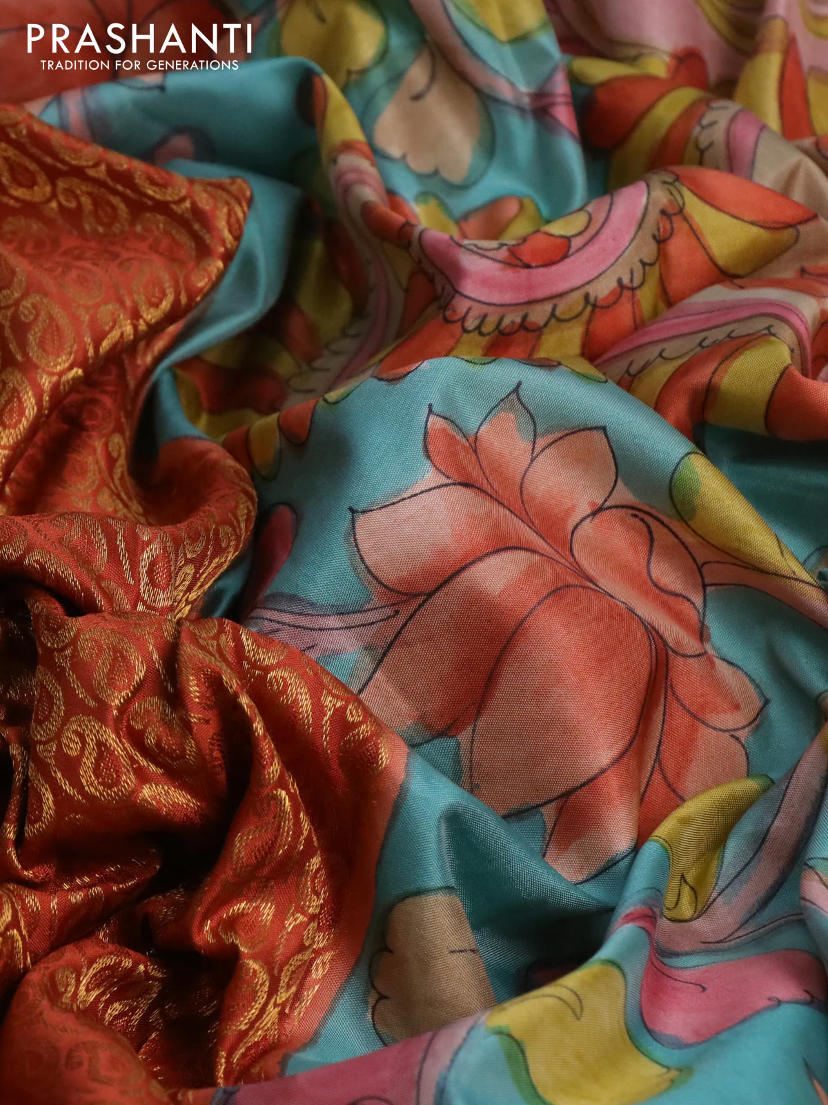 Pure kanchipuram silk saree rustic orange and teal blue with allover zari woven paisley brocade weaves and kalamkari printed pallu & border - Image 3