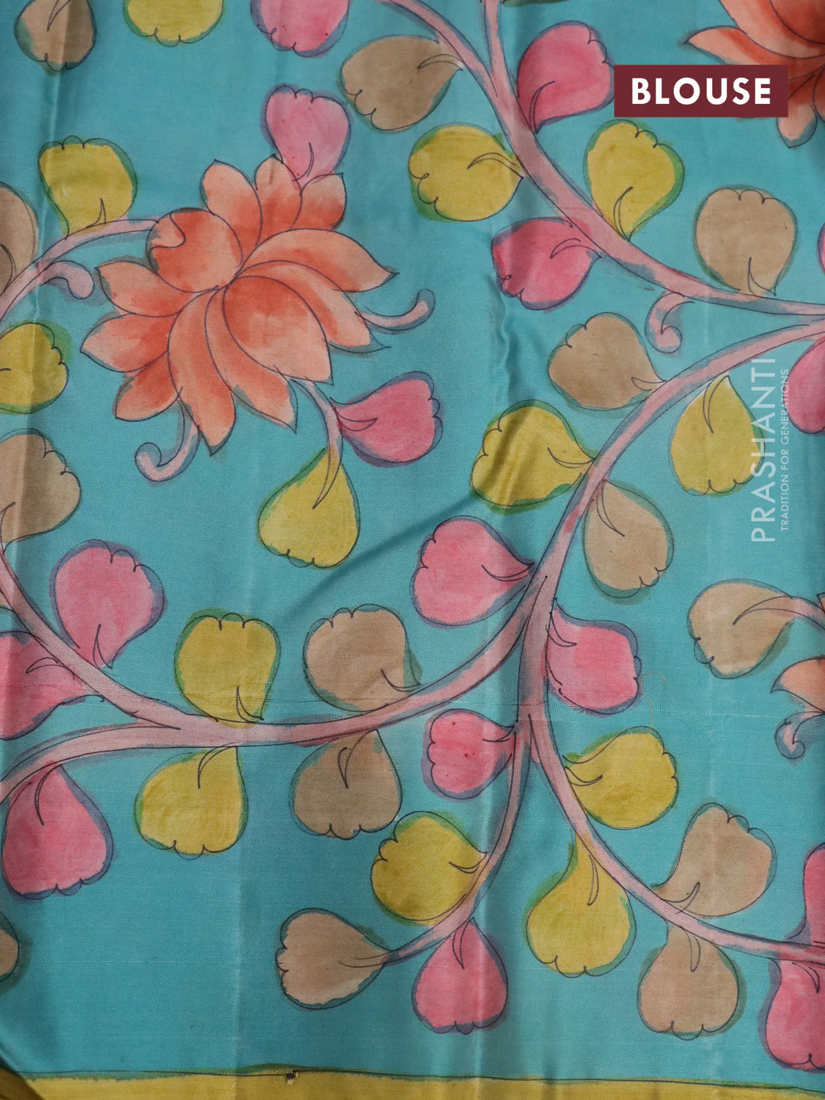 Pure kanchipuram silk saree rustic orange and teal blue with allover zari woven paisley brocade weaves and kalamkari printed pallu & border - Image 4