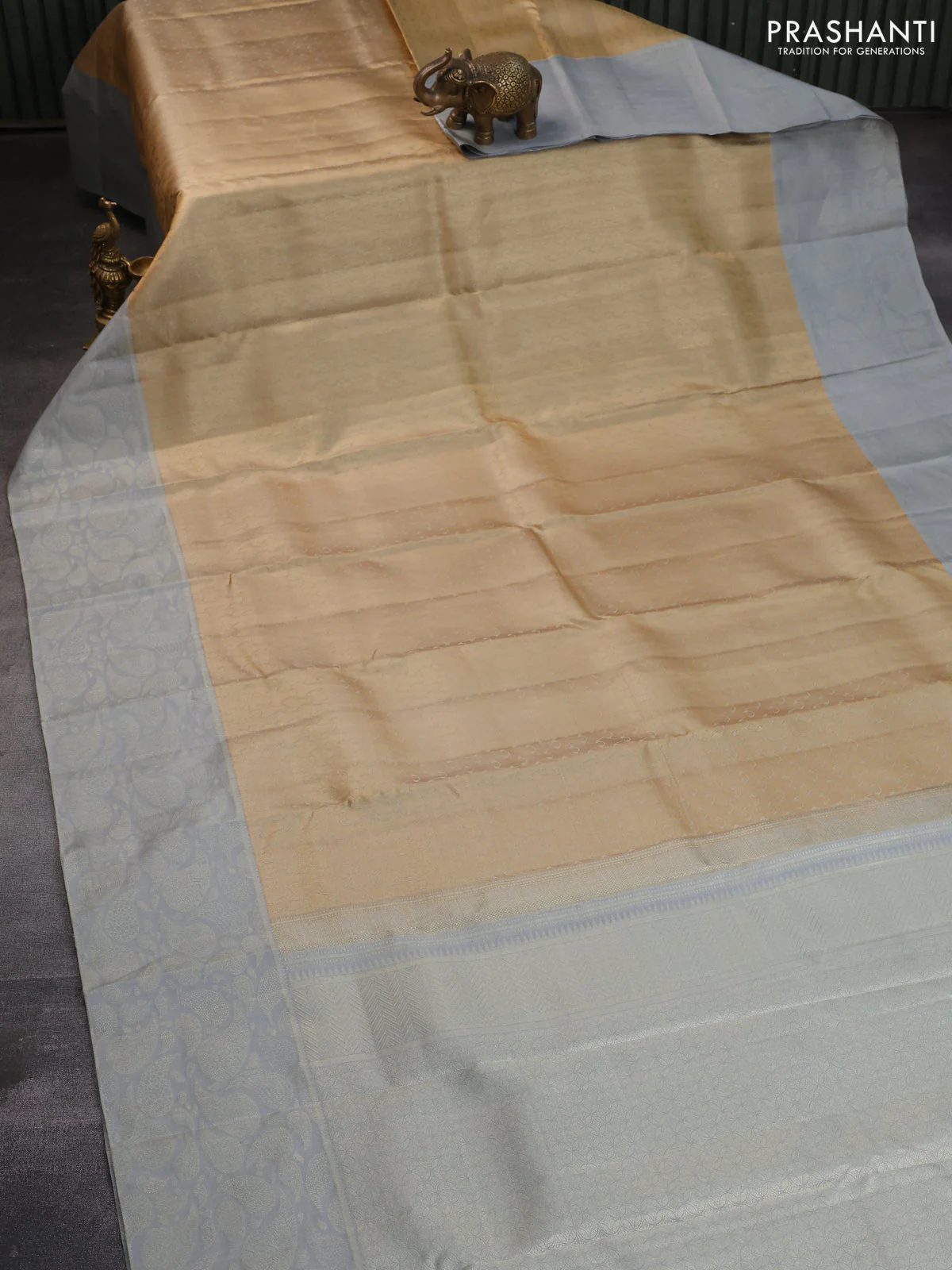 Pure kanchipuram silk saree sandal and grey with allover zari woven brocade weaves and long rich zari woven border - Image 2