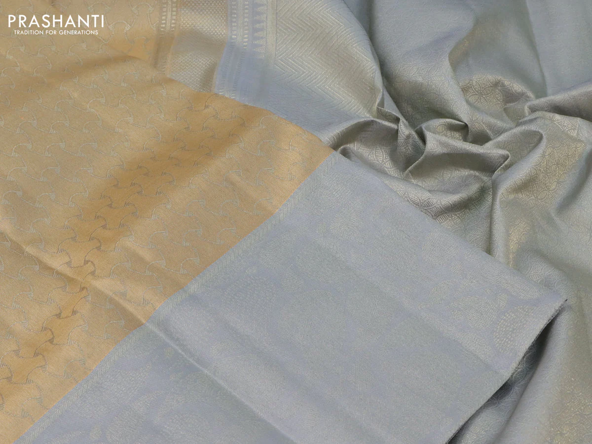 Pure kanchipuram silk saree sandal and grey with allover zari woven brocade weaves and long rich zari woven border - Image 3