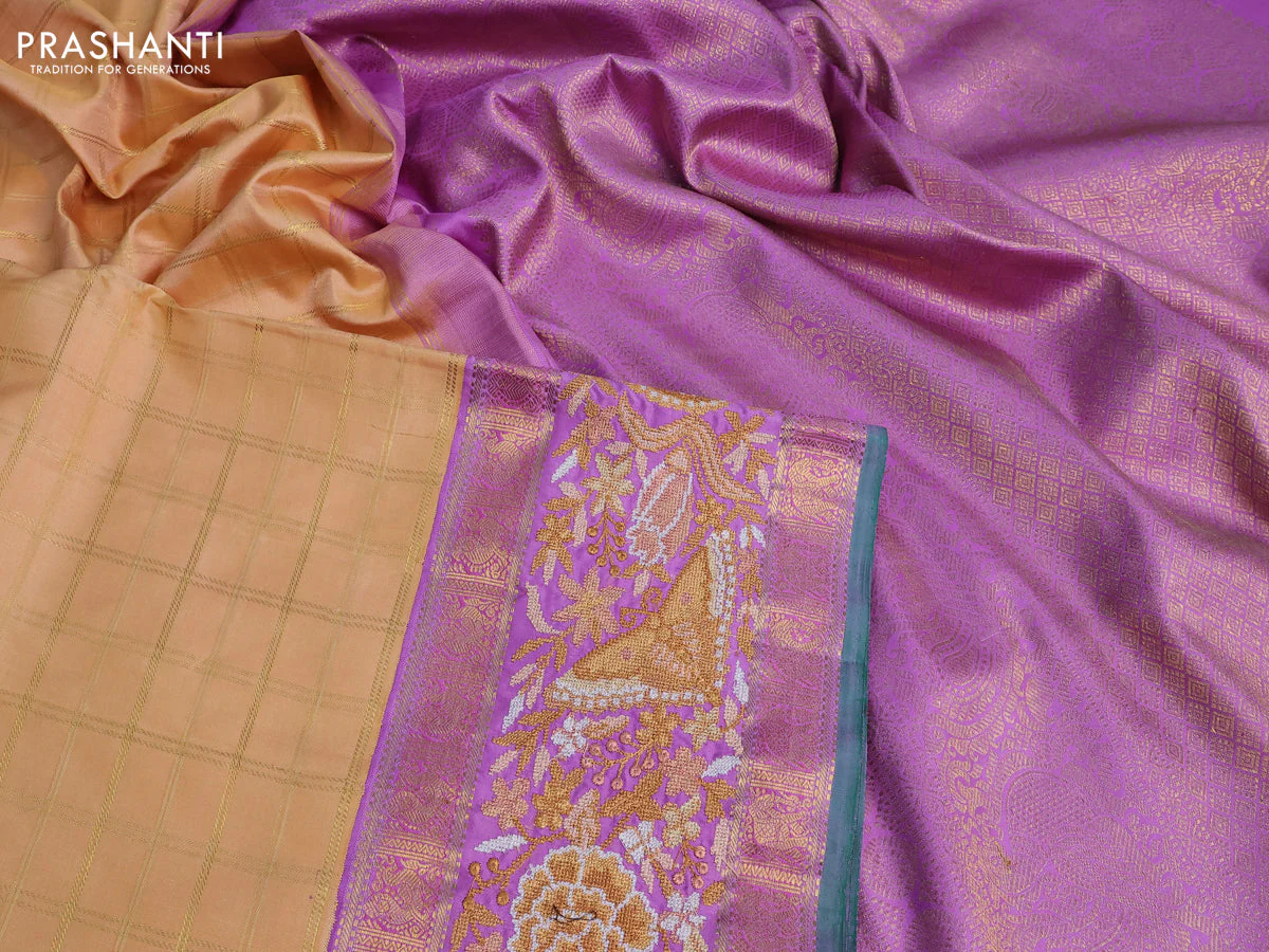Pure kanchipuram silk saree sandal and lavender shade with allover zari checked pattern and embroidery work zari border - Image 3