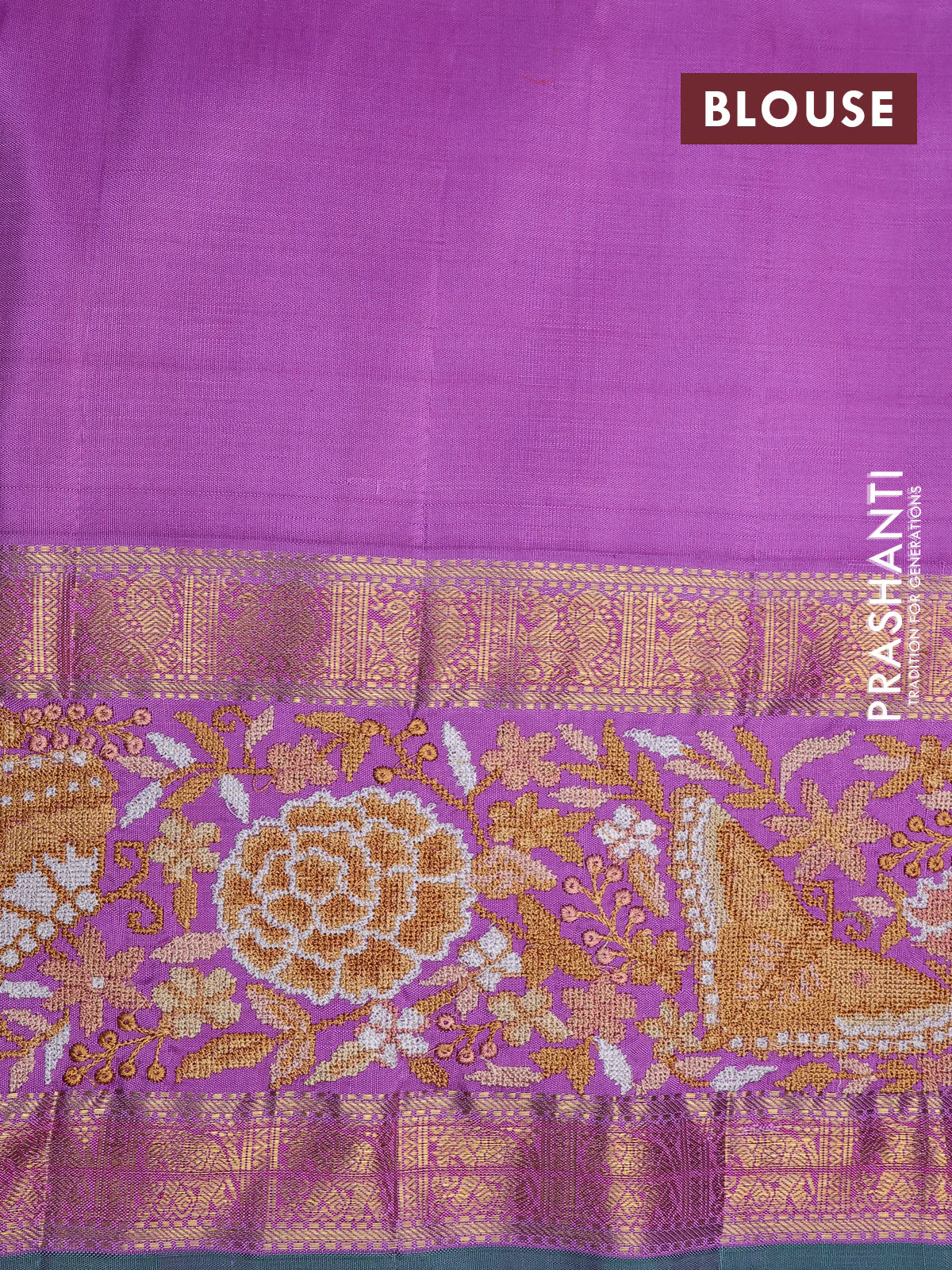 Pure kanchipuram silk saree sandal and lavender shade with allover zari checked pattern and embroidery work zari border - Image 4