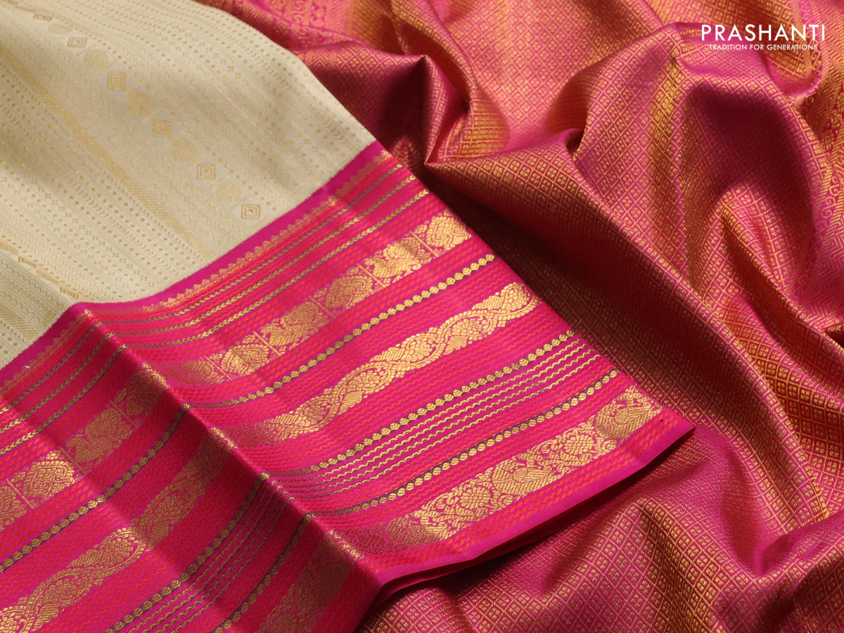 Pure kanchipuram silk saree sandal and pink with allover zari woven brocade weaves and long rich zari woven border - Image 3