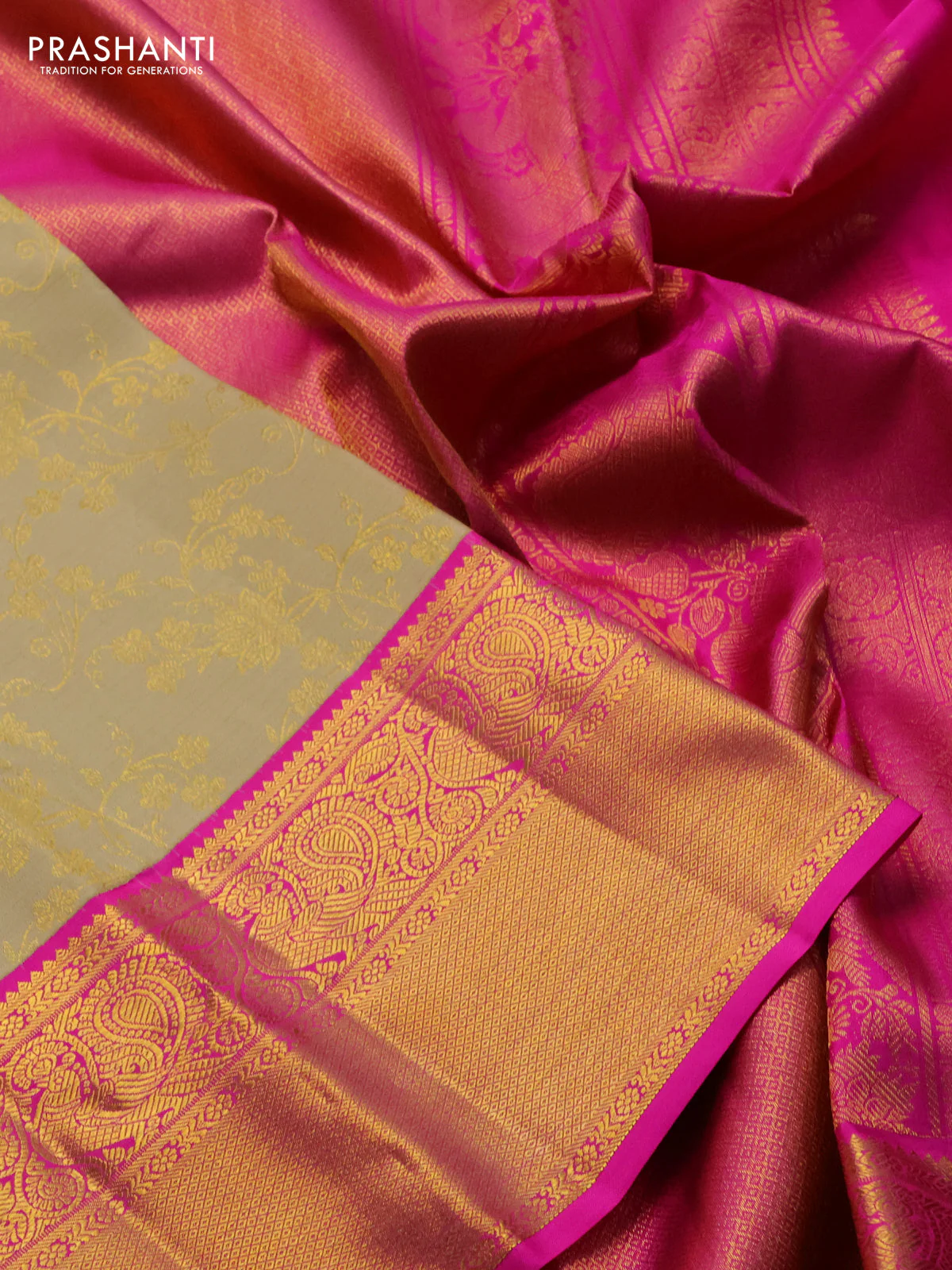 Pure kanchipuram silk saree sandal and pink with allover zari woven brocade weaves and zari woven border - Image 3