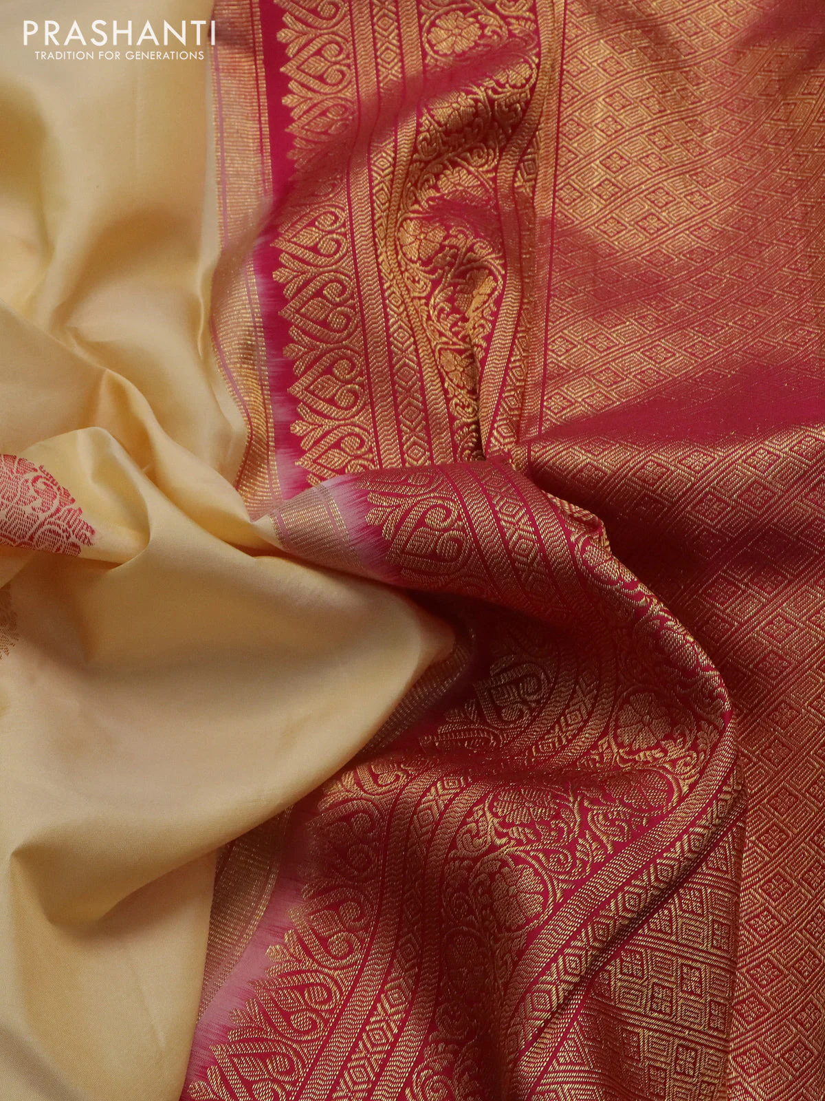 Pure kanchipuram silk saree sandal and pink with thread & zari woven buttas and zari woven korvai border - Image 3