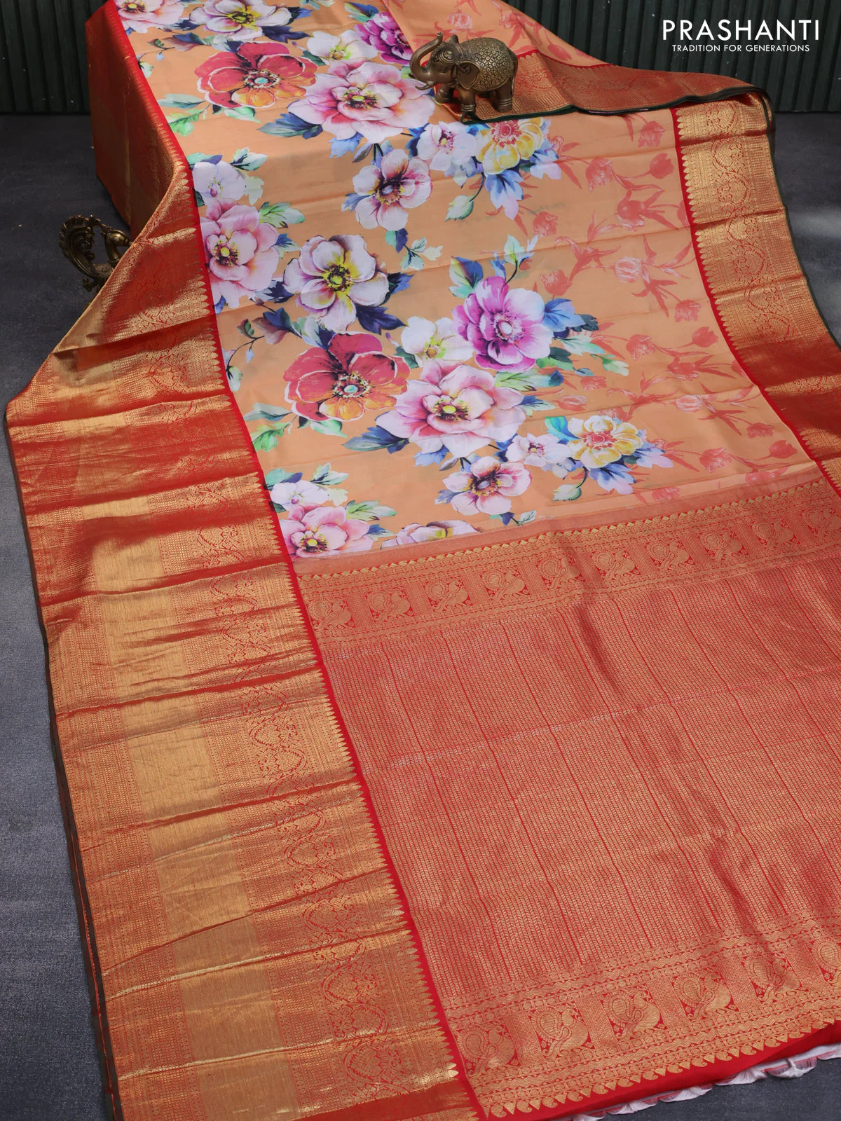 Pure kanchipuram silk saree sandal and red with allover floral digital prints and long zari woven border - Image 2