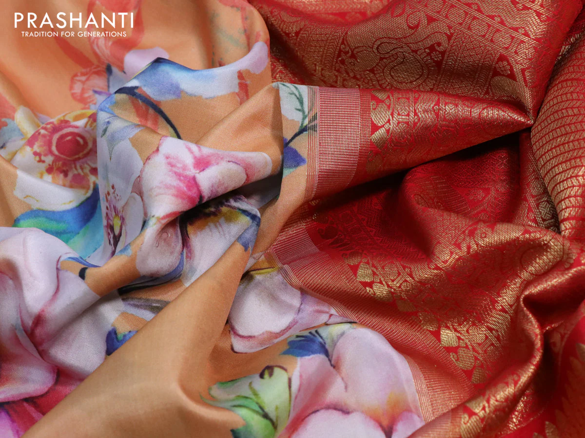 Pure kanchipuram silk saree sandal and red with allover floral digital prints and long zari woven border - Image 3