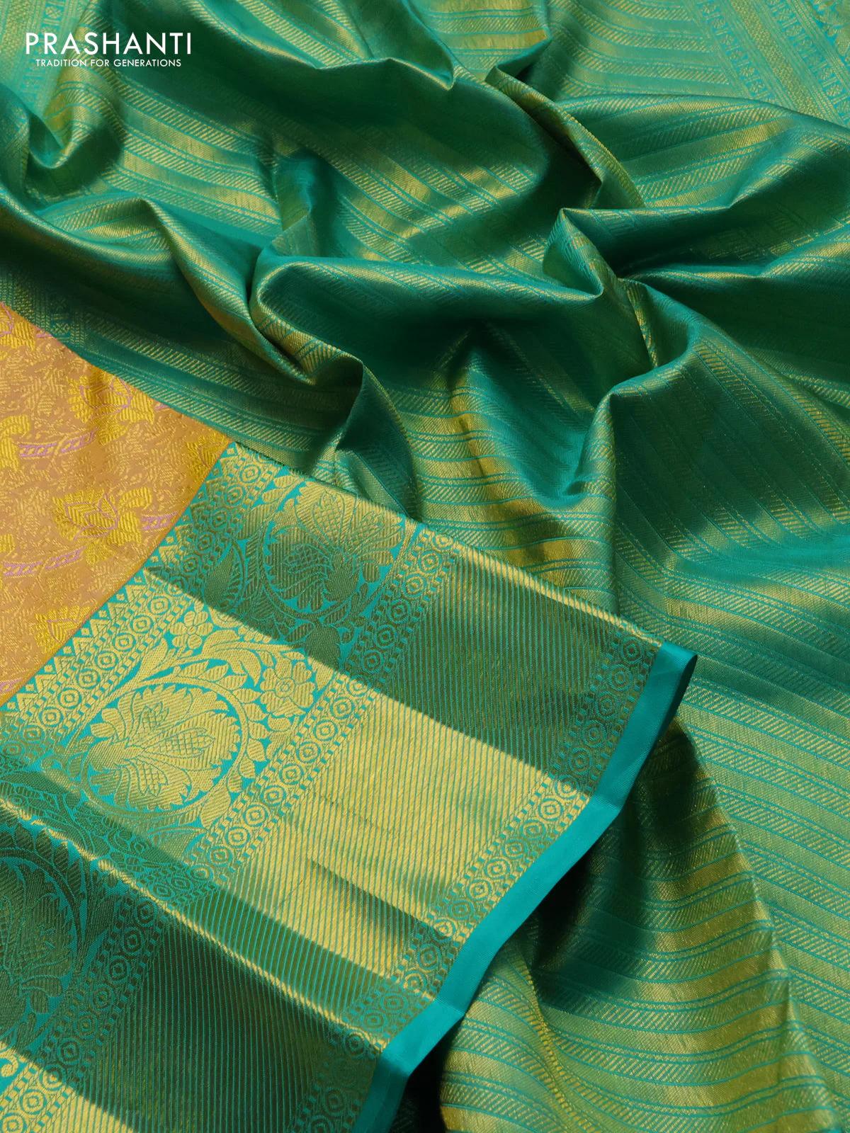 Pure kanchipuram silk saree sandal and teal green with allover zari woven brocade weaves and zari woven border - Image 3