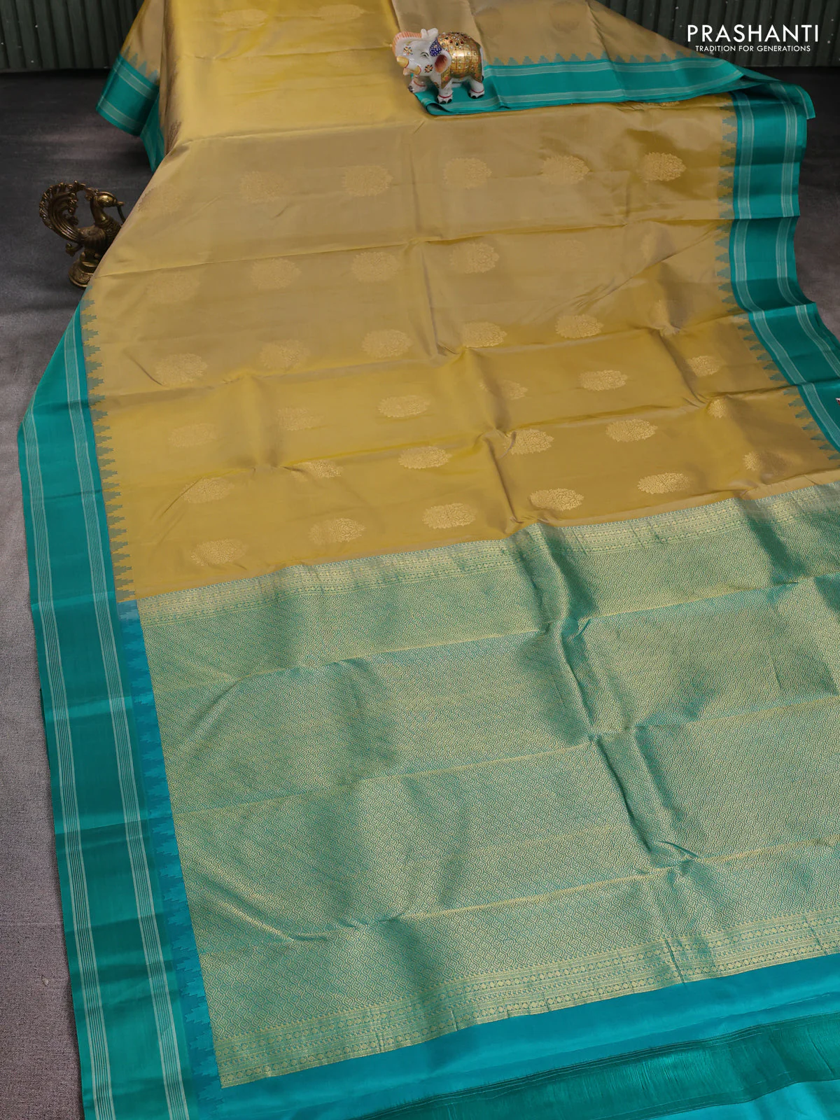 Pure kanchipuram silk saree sandal and teal green with zari woven buttas and temple design woven border - Image 2