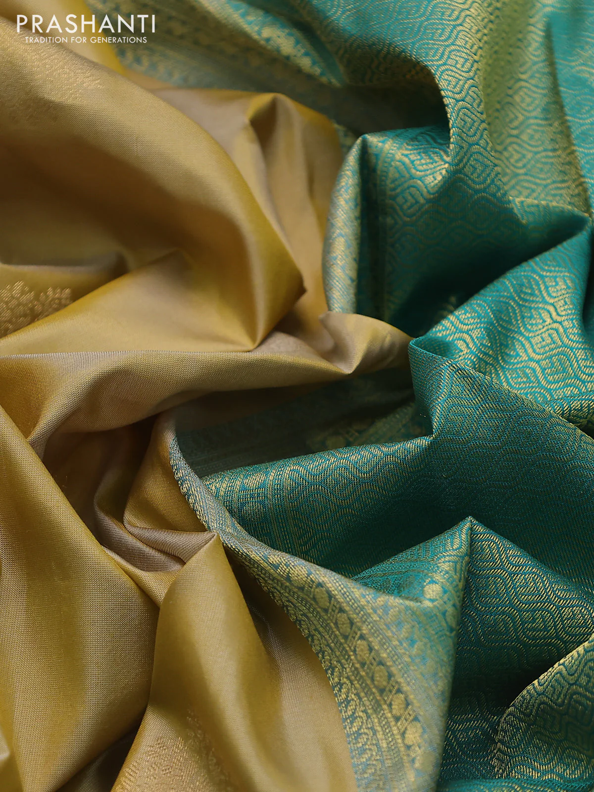 Pure kanchipuram silk saree sandal and teal green with zari woven buttas and temple design woven border - Image 3
