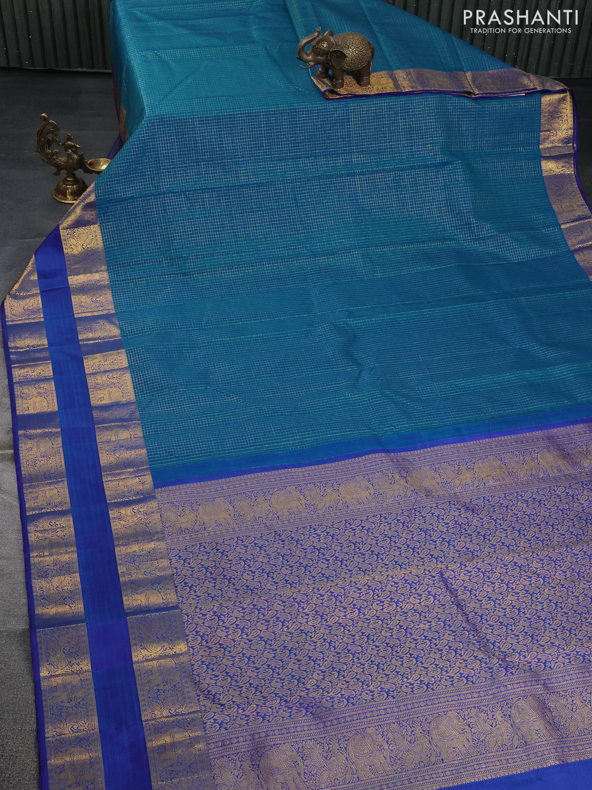 Pure kanchipuram silk saree teal blue and blue with allover small zari checked pattern and long rettapet zari woven border - Image 2