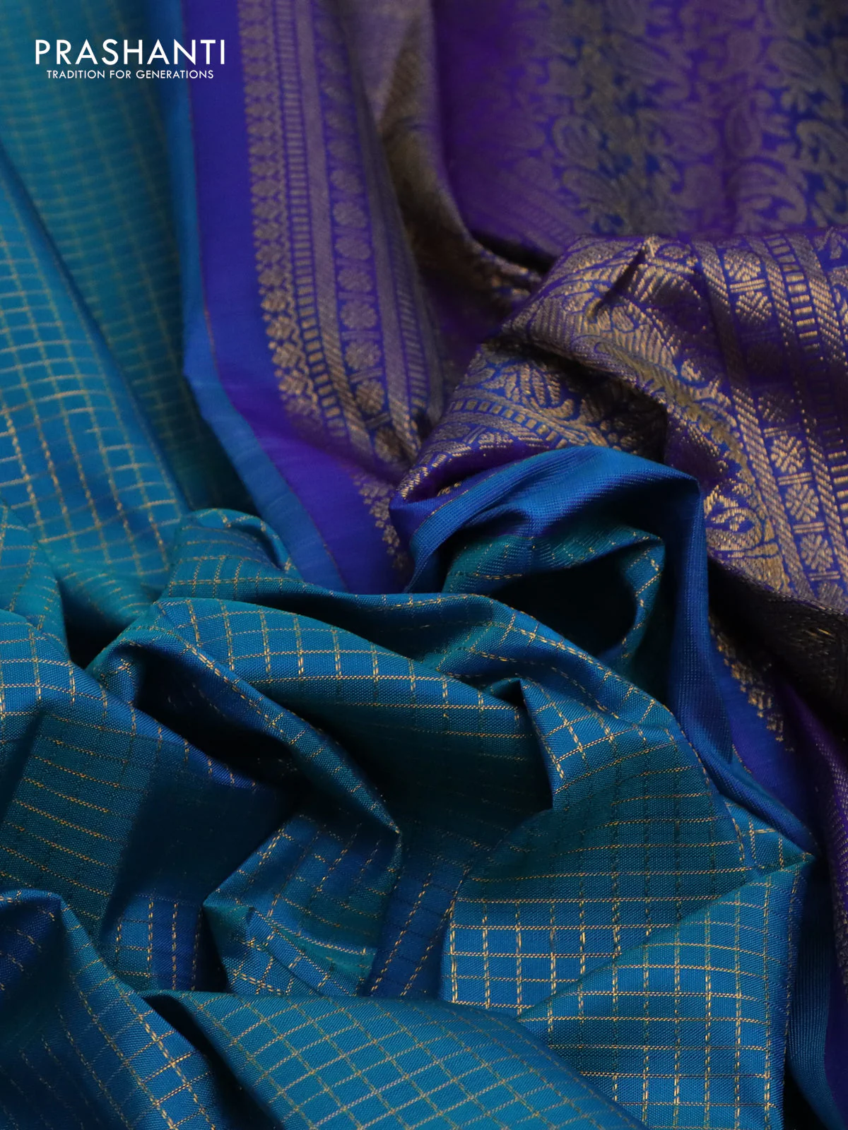 Pure kanchipuram silk saree teal blue and blue with allover small zari checked pattern and long rettapet zari woven border - Image 3
