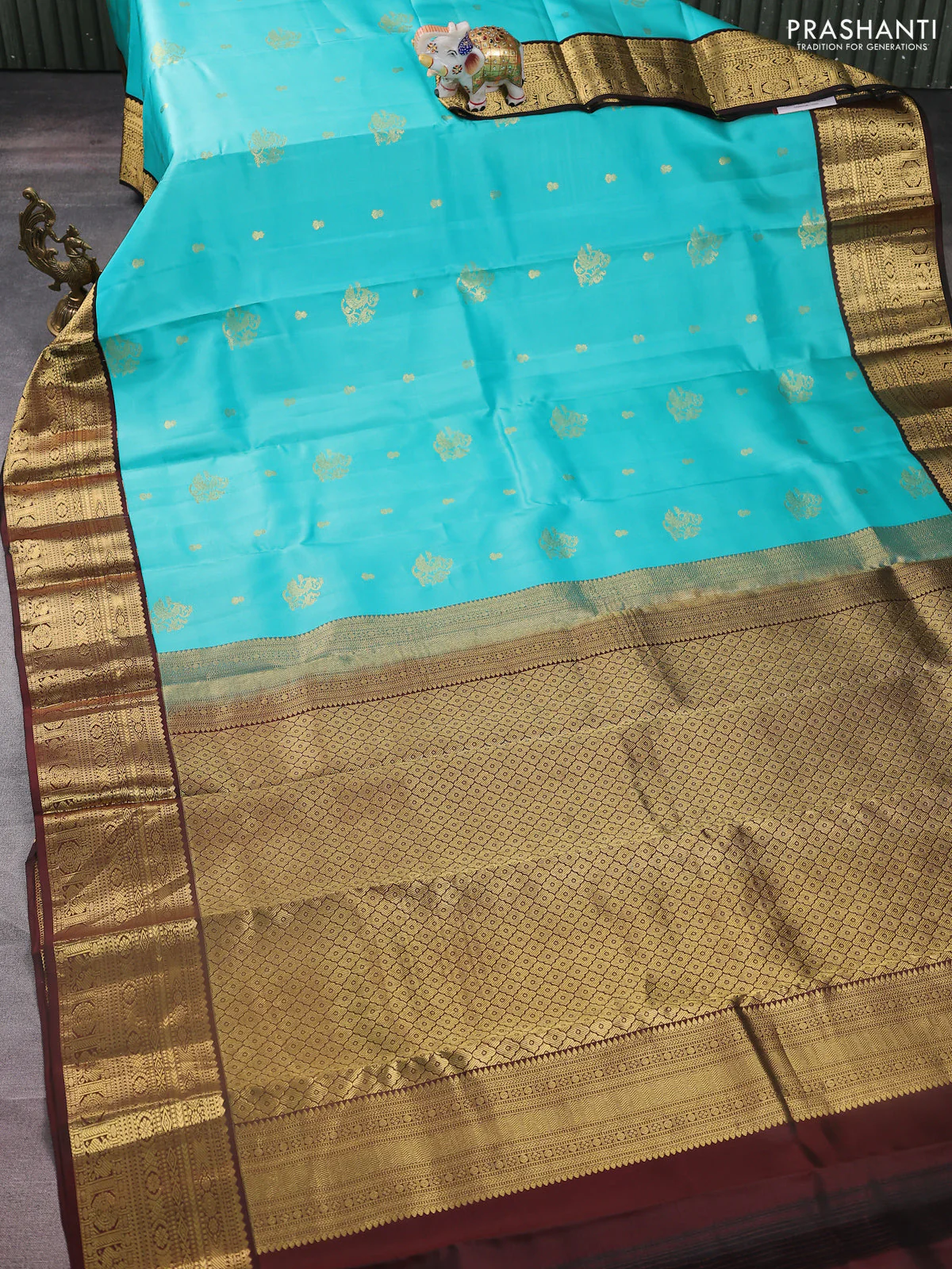Pure kanchipuram silk saree teal blue and brown with zari woven buttas and zari woven korvai border - Image 2