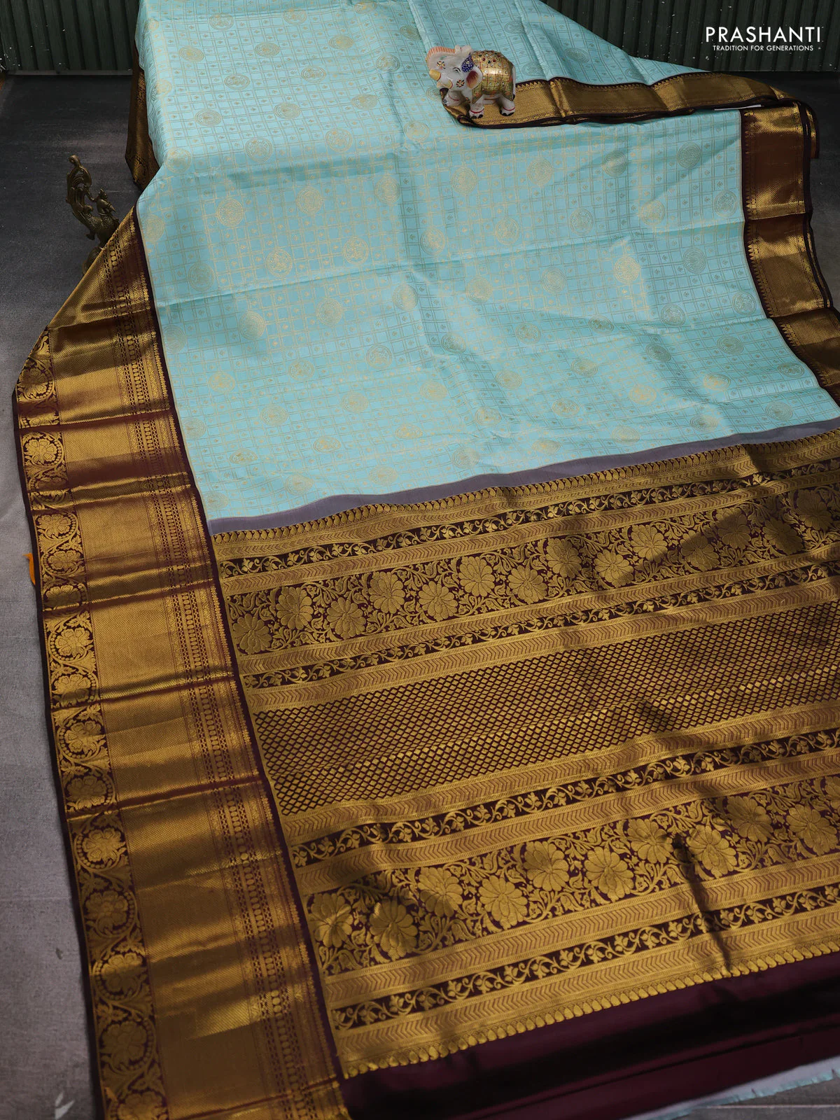 Pure kanchipuram silk saree teal blue and coffee brown with allover zari checks & buttas and rich zari woven border - Image 2