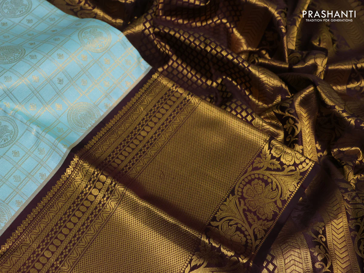 Pure kanchipuram silk saree teal blue and coffee brown with allover zari checks & buttas and rich zari woven border - Image 3