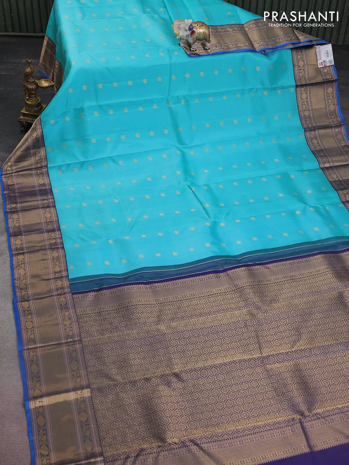 Pure kanchipuram silk saree teal blue and cs blue with zari woven buttas and zari woven border - Image 2