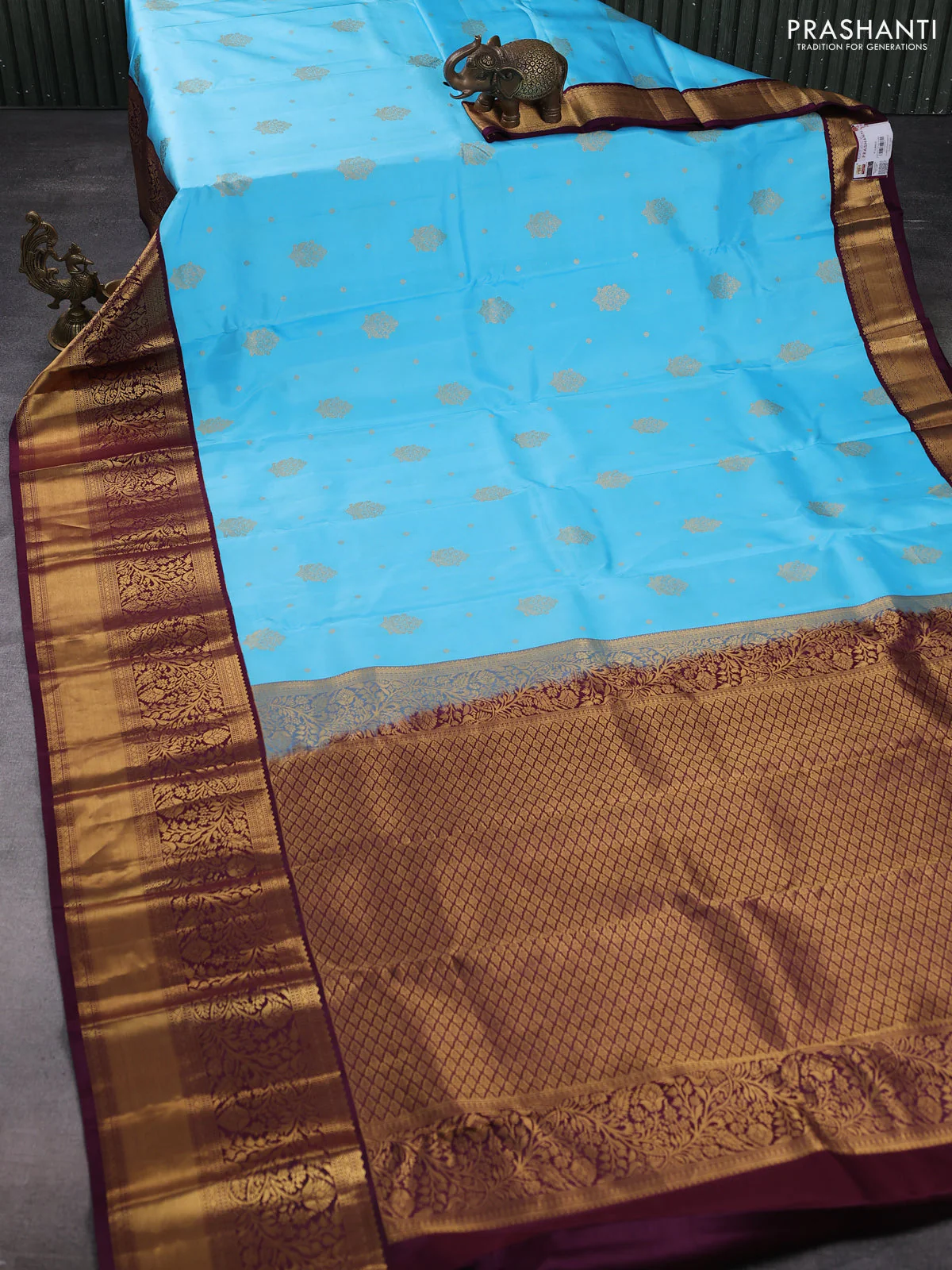 Pure kanchipuram silk saree teal blue and deep maroon with allover zari woven buttas and long zari woven border - Image 2