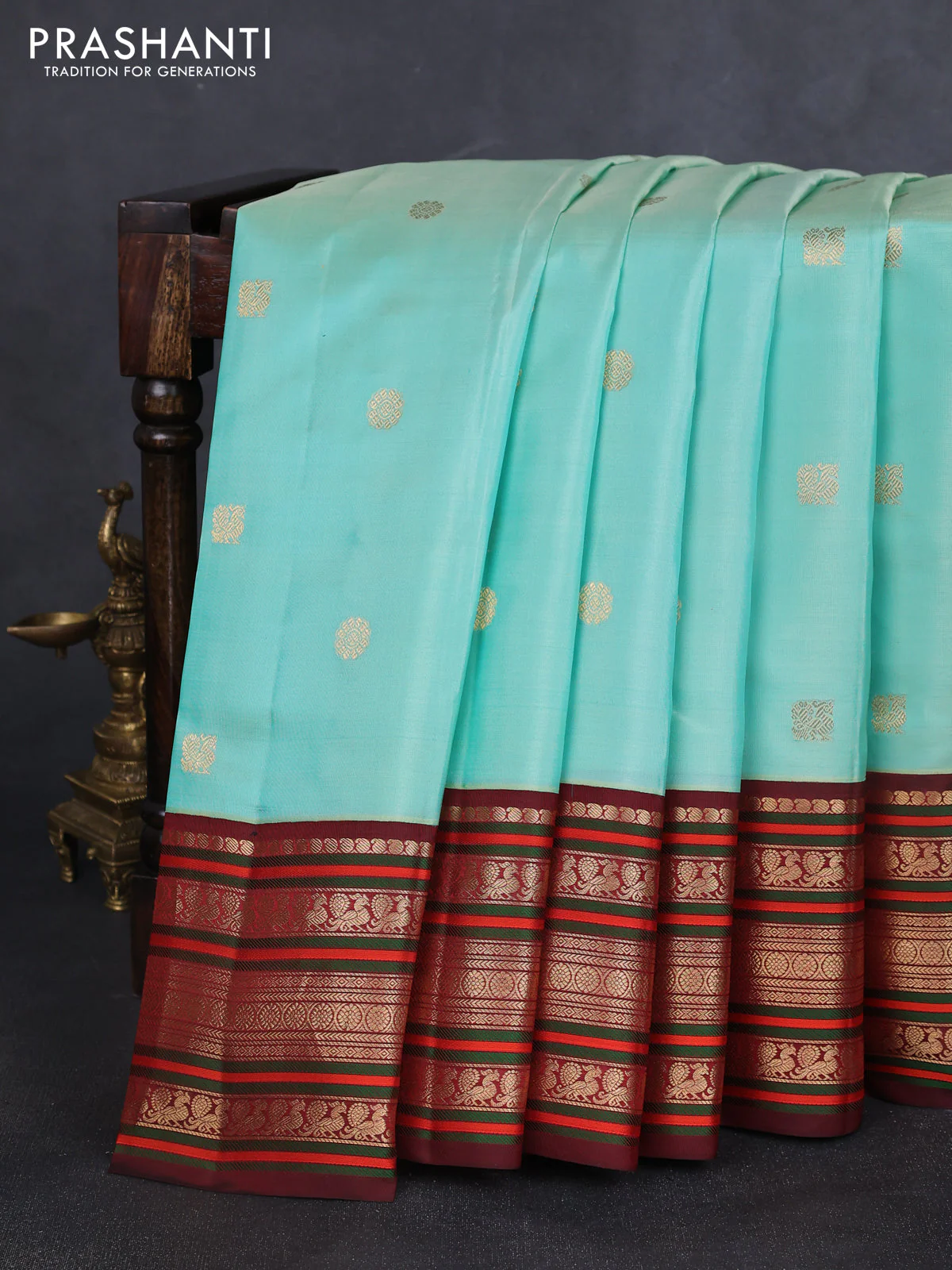 Pure kanchipuram silk saree teal blue and deep maroon with zari woven buttas and rich zari woven korvai border