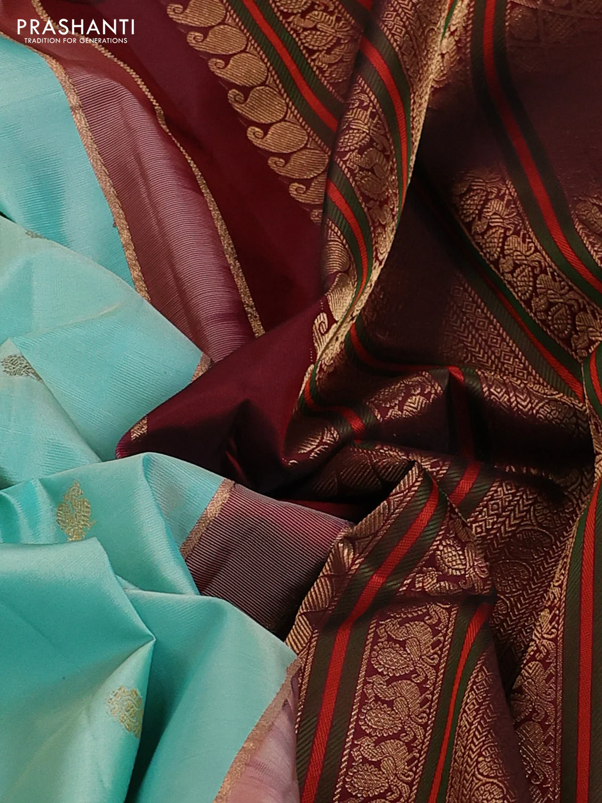 Pure kanchipuram silk saree teal blue and deep maroon with zari woven buttas and rich zari woven korvai border - Image 3
