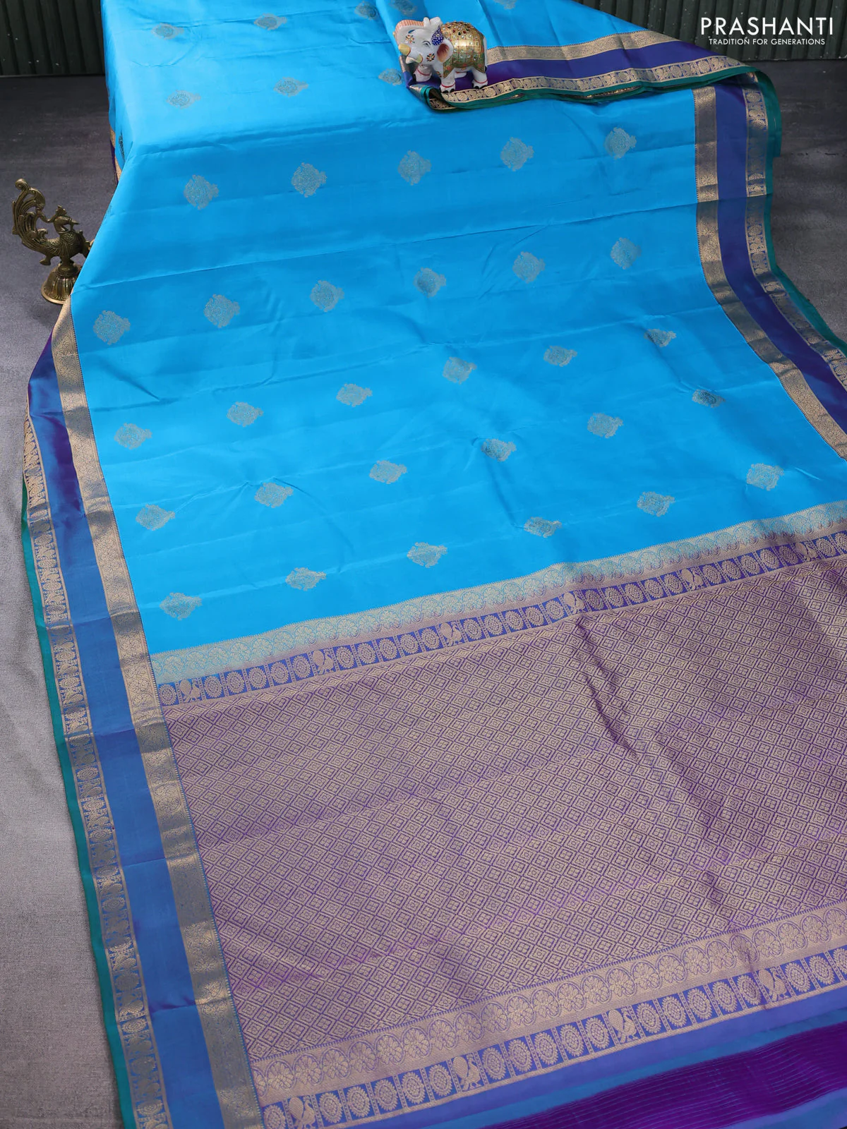 Pure kanchipuram silk saree teal blue and dual shade of blue with zari woven buttas and rettapet zari woven border - Image 2
