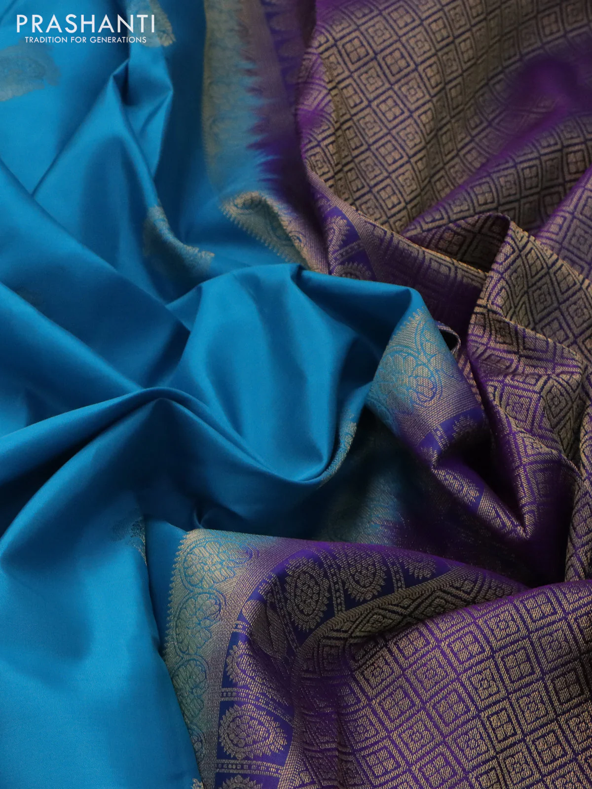 Pure kanchipuram silk saree teal blue and dual shade of blue with zari woven buttas and rettapet zari woven border - Image 3