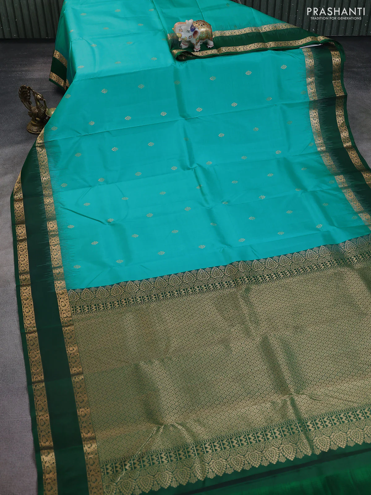 Pure kanchipuram silk saree teal blue and green with zari woven buttas and rettapet zari woven border - Image 2