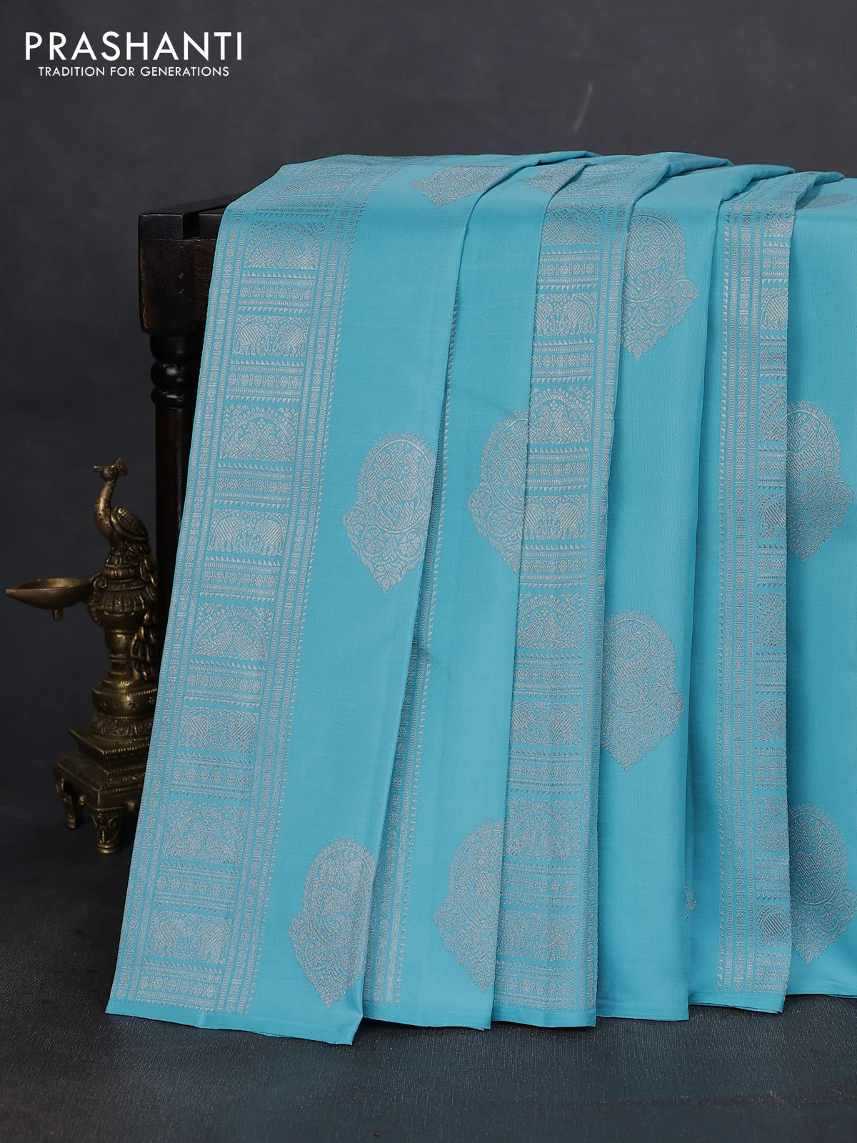Pure kanchipuram silk saree teal blue and mustard yellow with allover silver zari weaves & buttas in borderless style