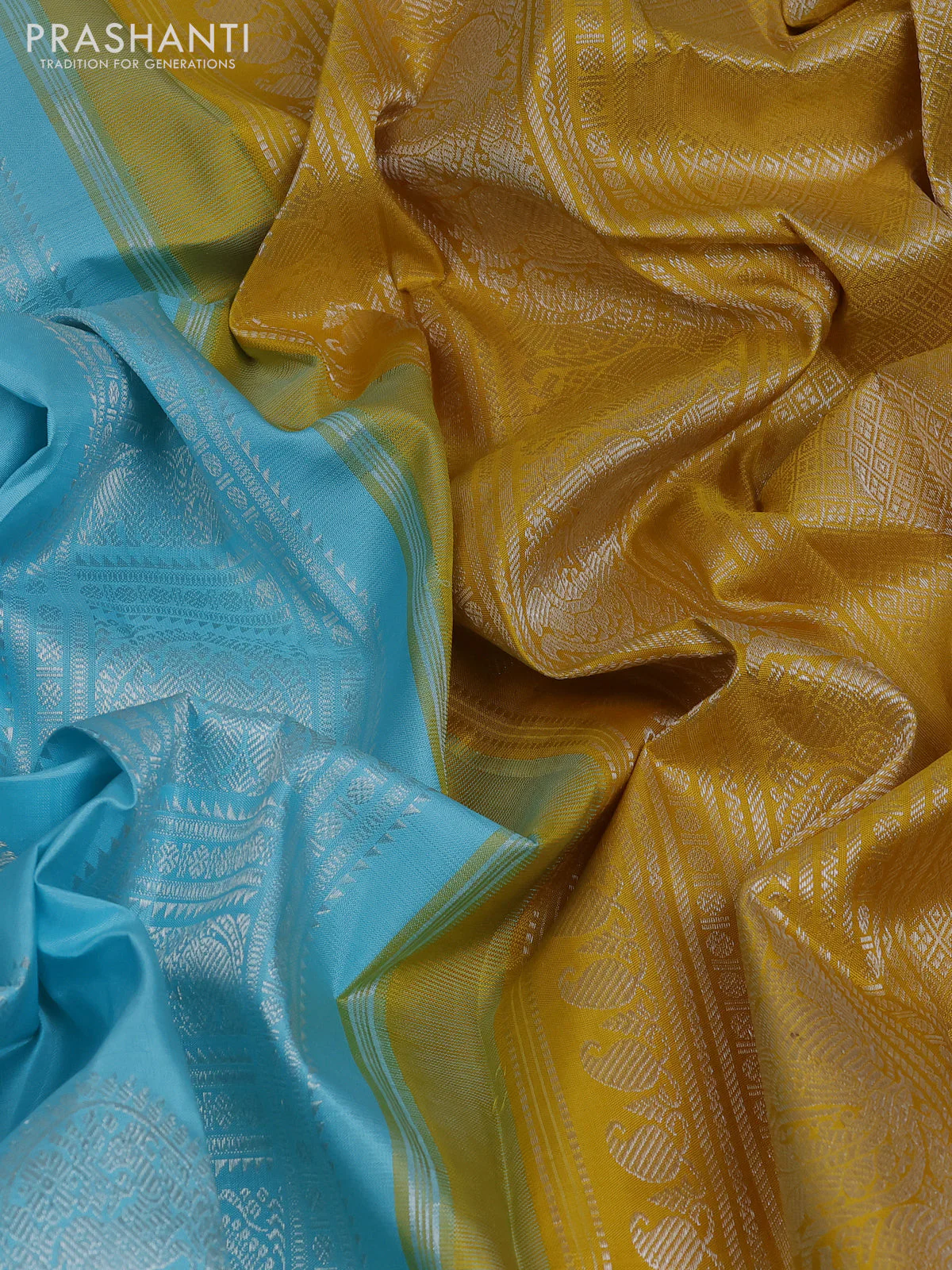 Pure kanchipuram silk saree teal blue and mustard yellow with allover silver zari weaves & buttas in borderless style - Image 3