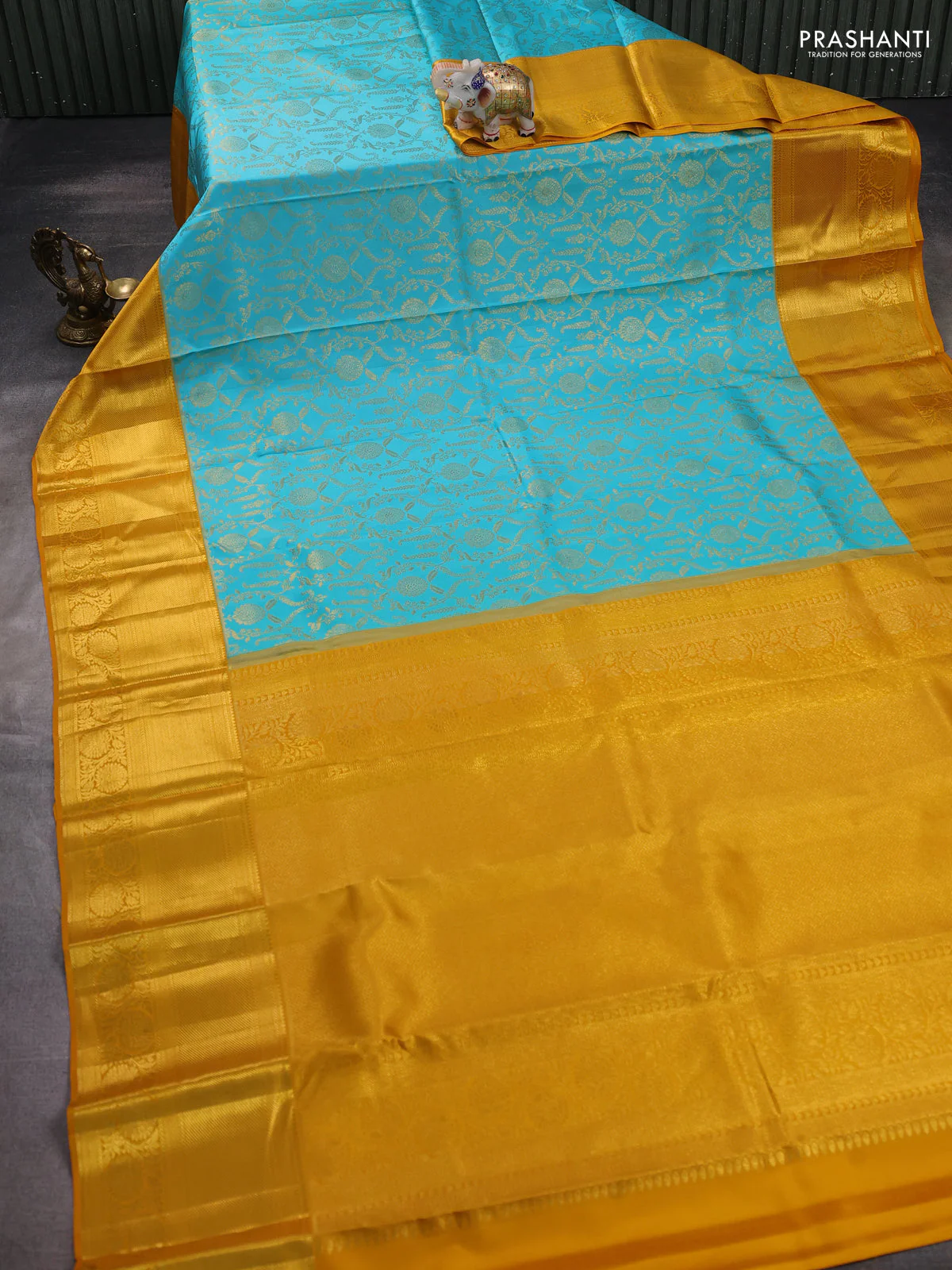 Pure kanchipuram silk saree teal blue and mustard yellow with allover zari woven brocade weaves and zari woven border - Image 2
