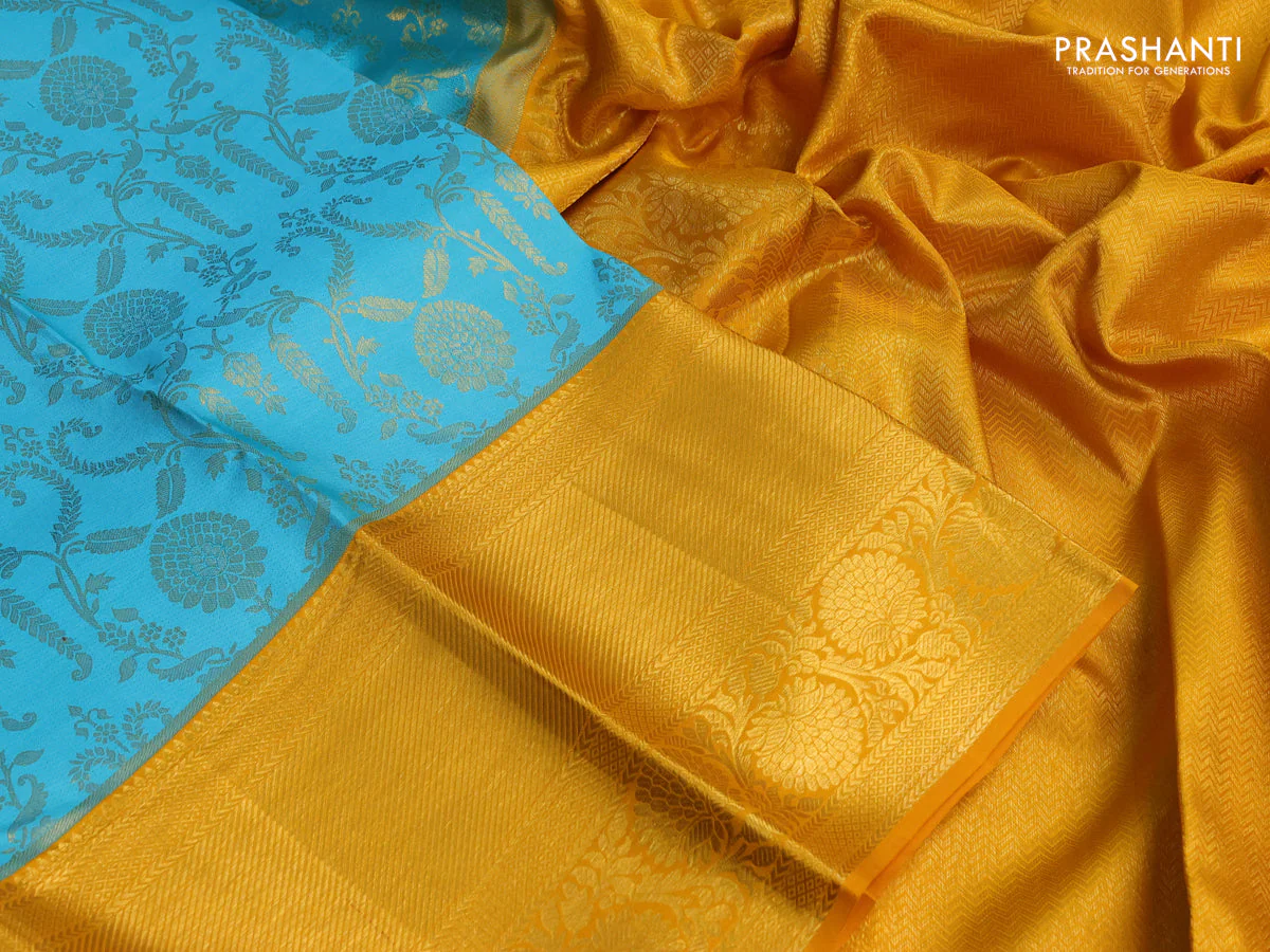 Pure kanchipuram silk saree teal blue and mustard yellow with allover zari woven brocade weaves and zari woven border - Image 3