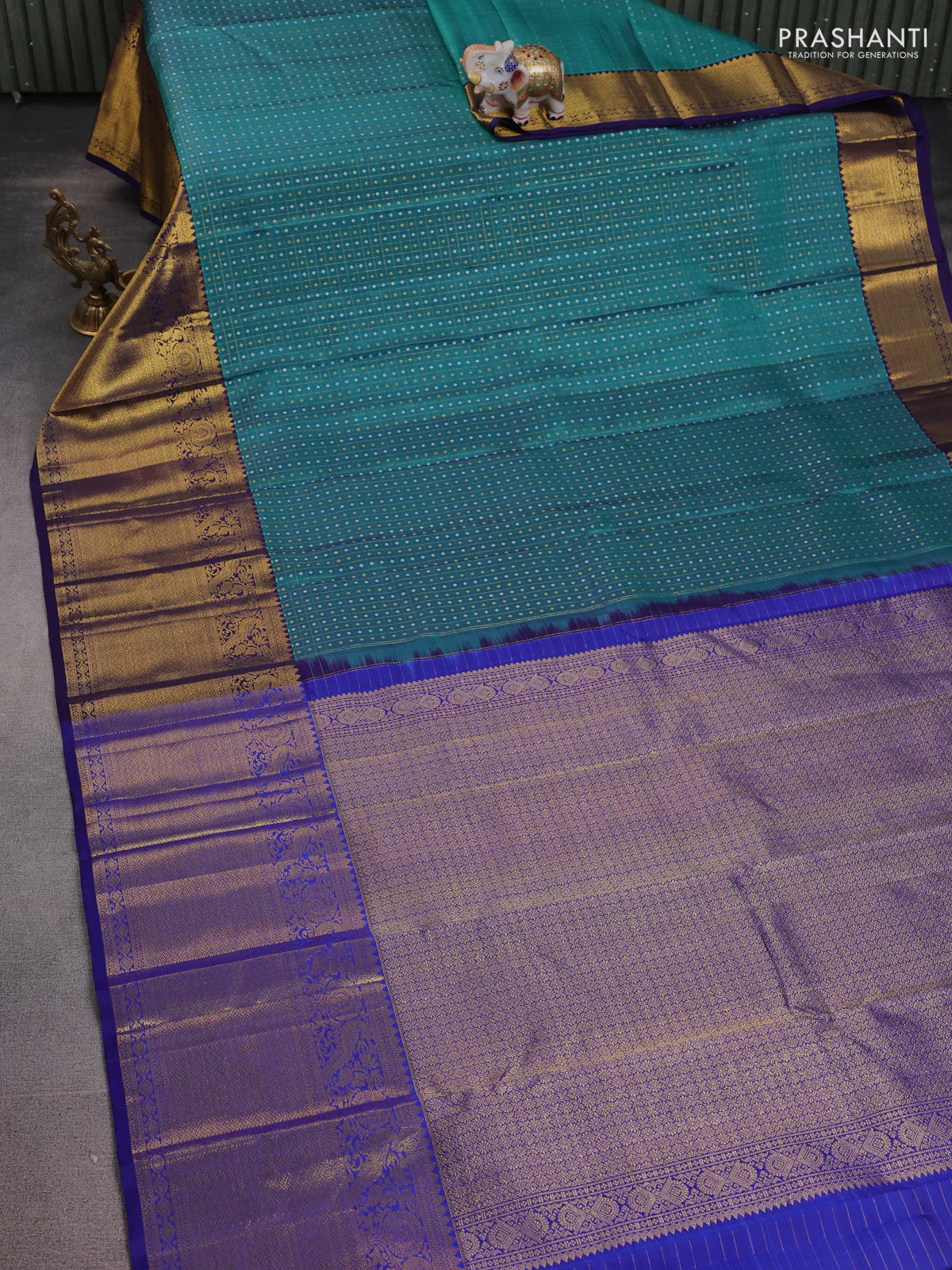 Pure kanchipuram silk saree teal blue and navy blue with allover zari checks & buttas and long zari woven border - Image 2