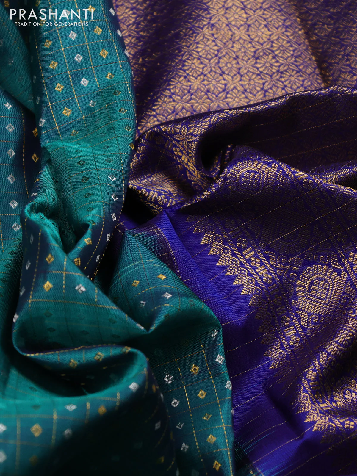 Pure kanchipuram silk saree teal blue and navy blue with allover zari checks & buttas and long zari woven border - Image 3