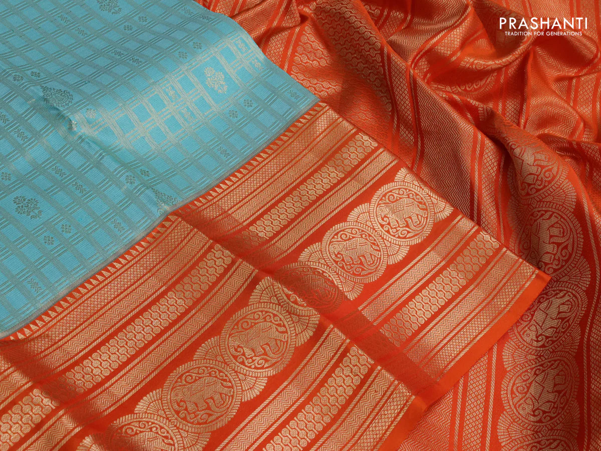 Pure kanchipuram silk saree teal blue and orange with allover zari checked pattern and zari woven border - Image 3